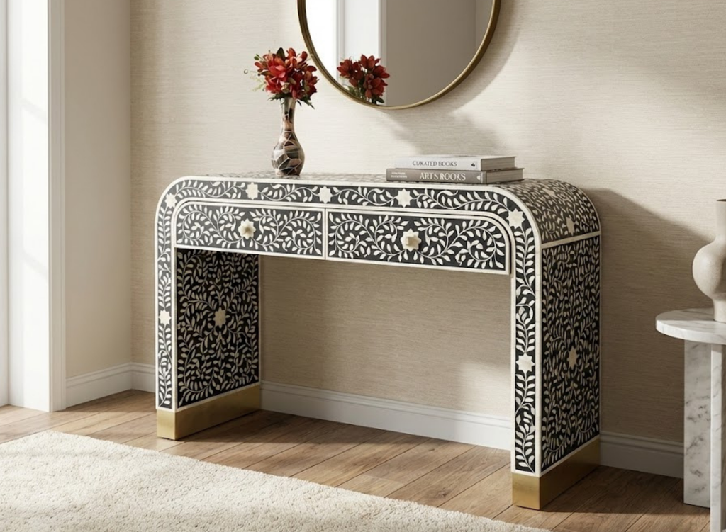 Handcrafted Bone Inlay & Resin Console Table | Luxury Entryway Table | Artisan Furniture
