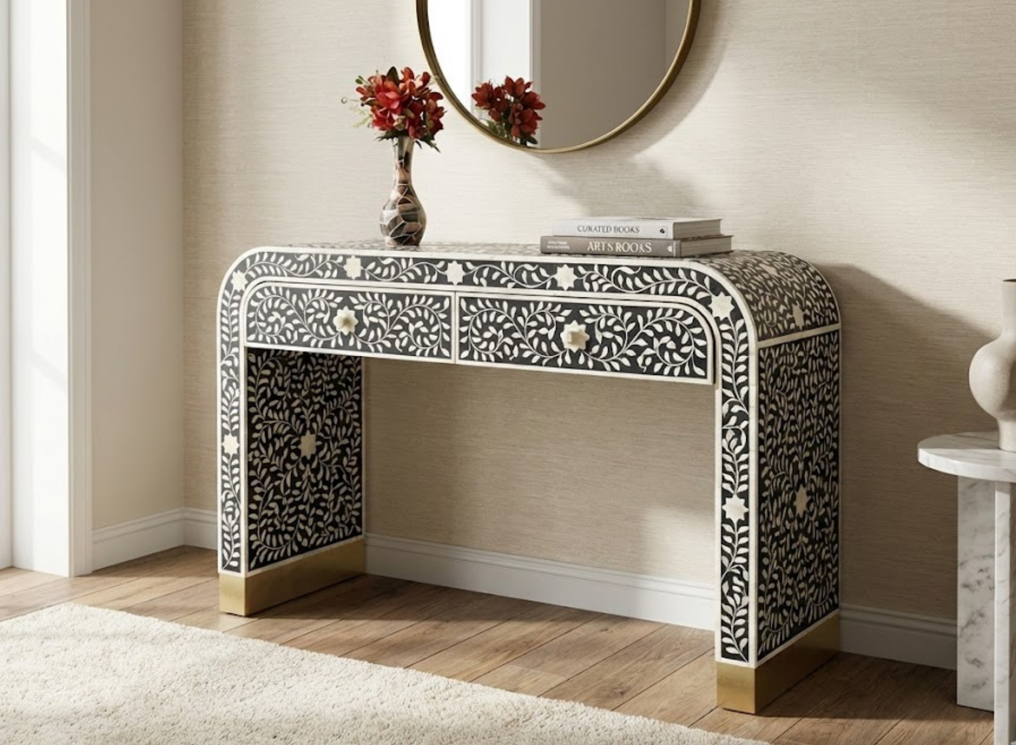 Handcrafted Bone Inlay & Resin Console Table | Luxury Entryway Table | Artisan Furniture