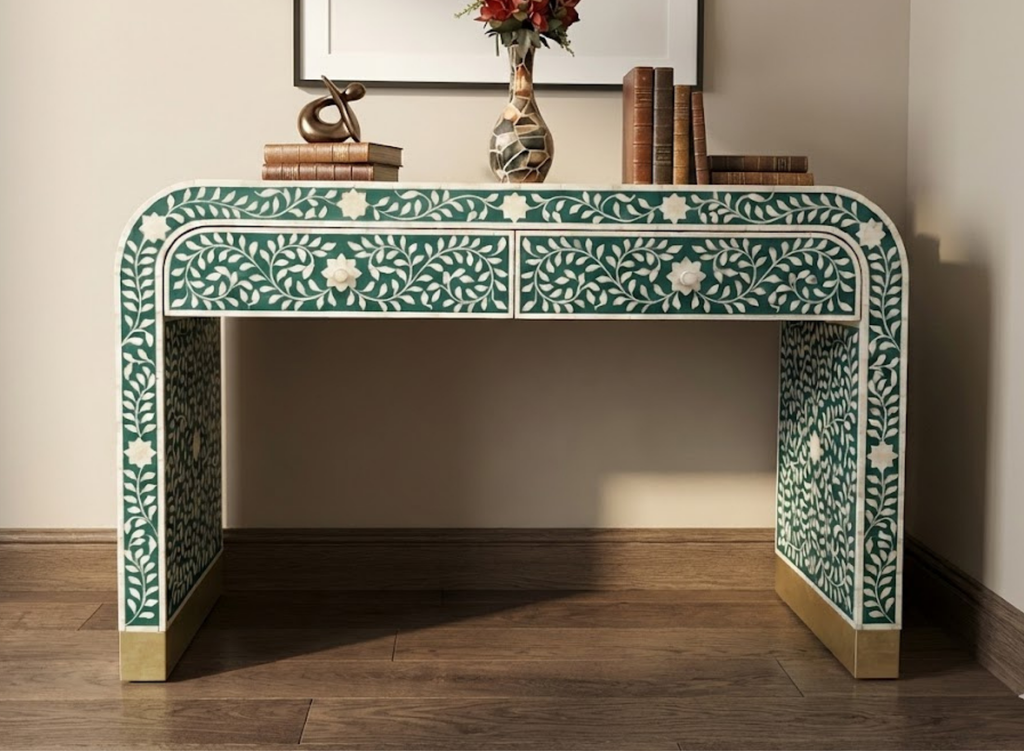 Handcrafted Bone Inlay & Resin Console Table | Luxury Entryway Table | Artisan Furniture