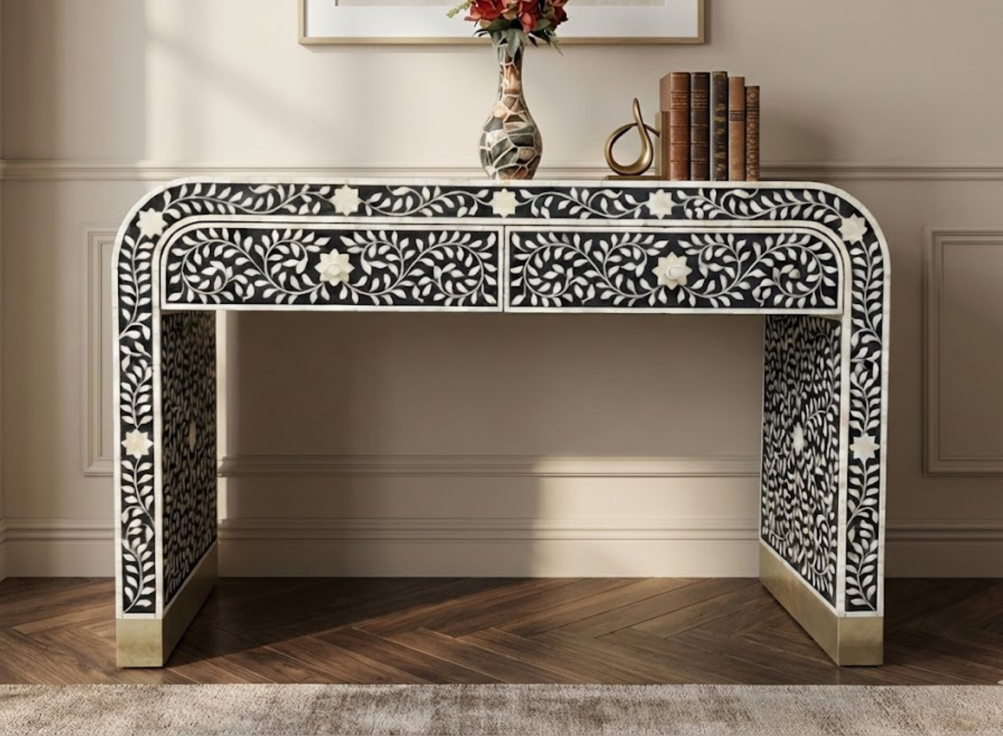 Handcrafted Bone Inlay & Resin Console Table | Luxury Entryway Table | Artisan Furniture