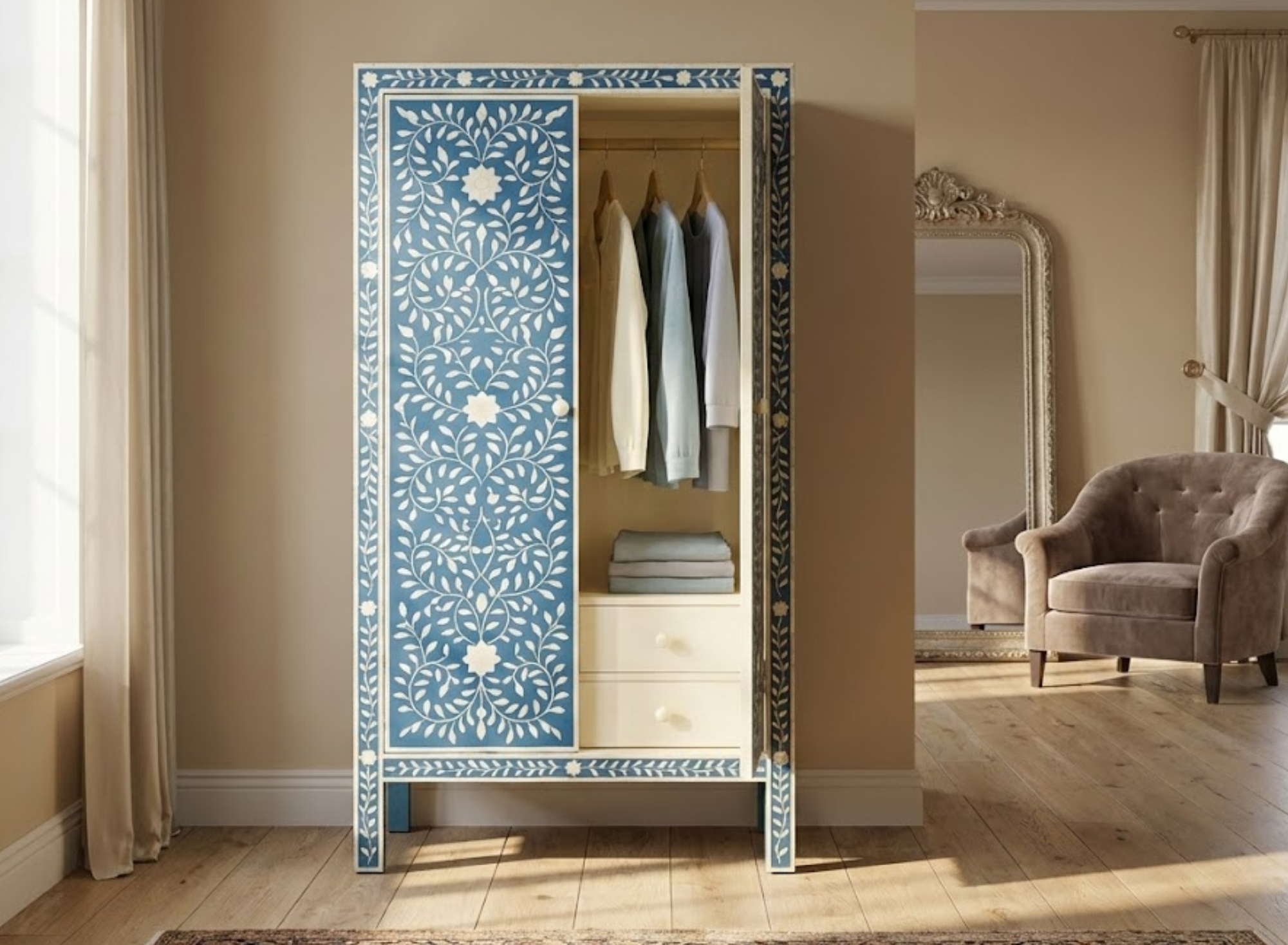 Handcrafted Bone Inlay & Resin Cabinet | Floral Storage Wardrobe | Luxury Furniture