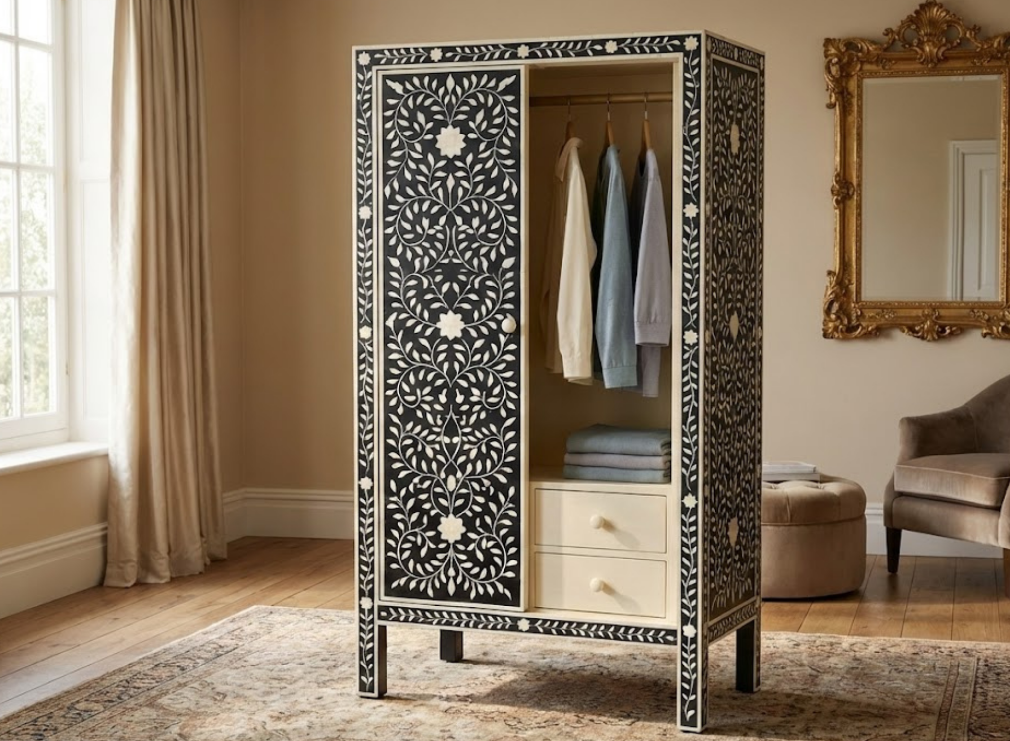 Handcrafted Bone Inlay & Resin Cabinet | Floral Storage Wardrobe | Luxury Furniture