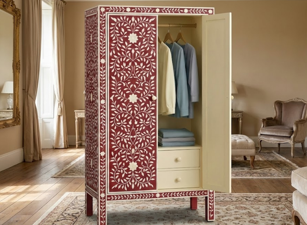 Handcrafted Bone Inlay & Resin Cabinet | Floral Storage Wardrobe | Luxury Furniture