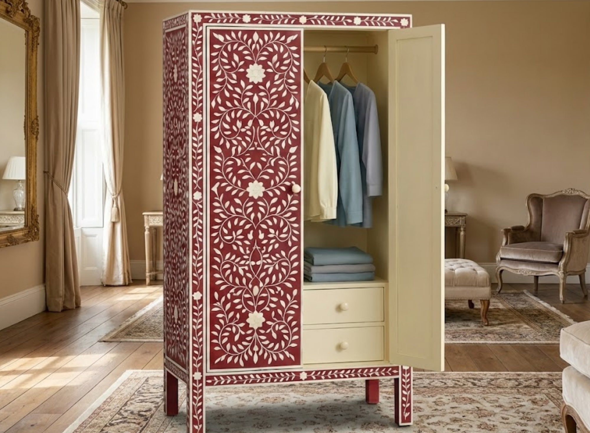 Handcrafted Bone Inlay & Resin Cabinet | Floral Storage Wardrobe | Luxury Furniture