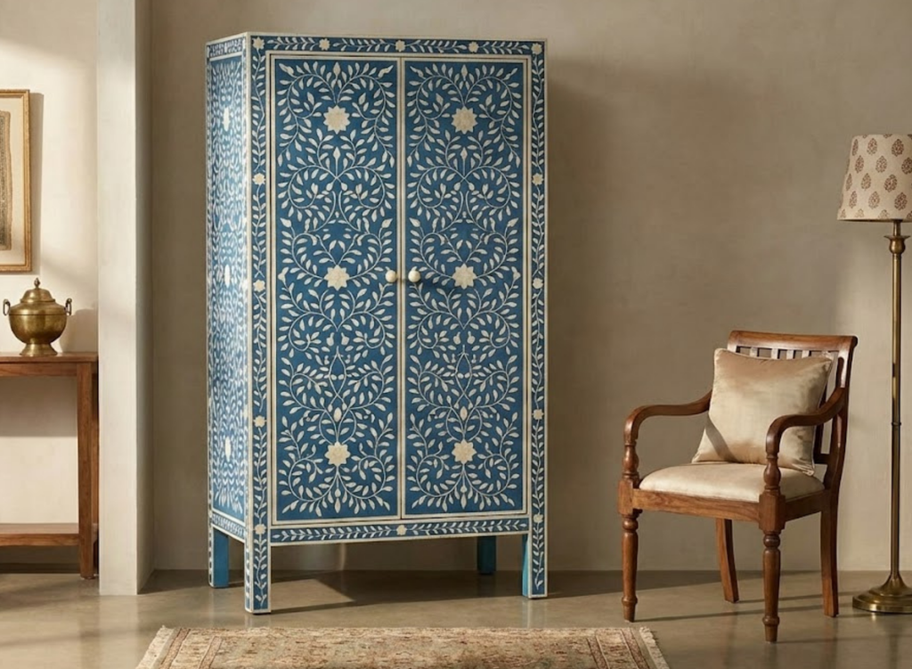 Handcrafted Bone Inlay & Resin Cabinet | Floral Storage Wardrobe | Luxury Furniture