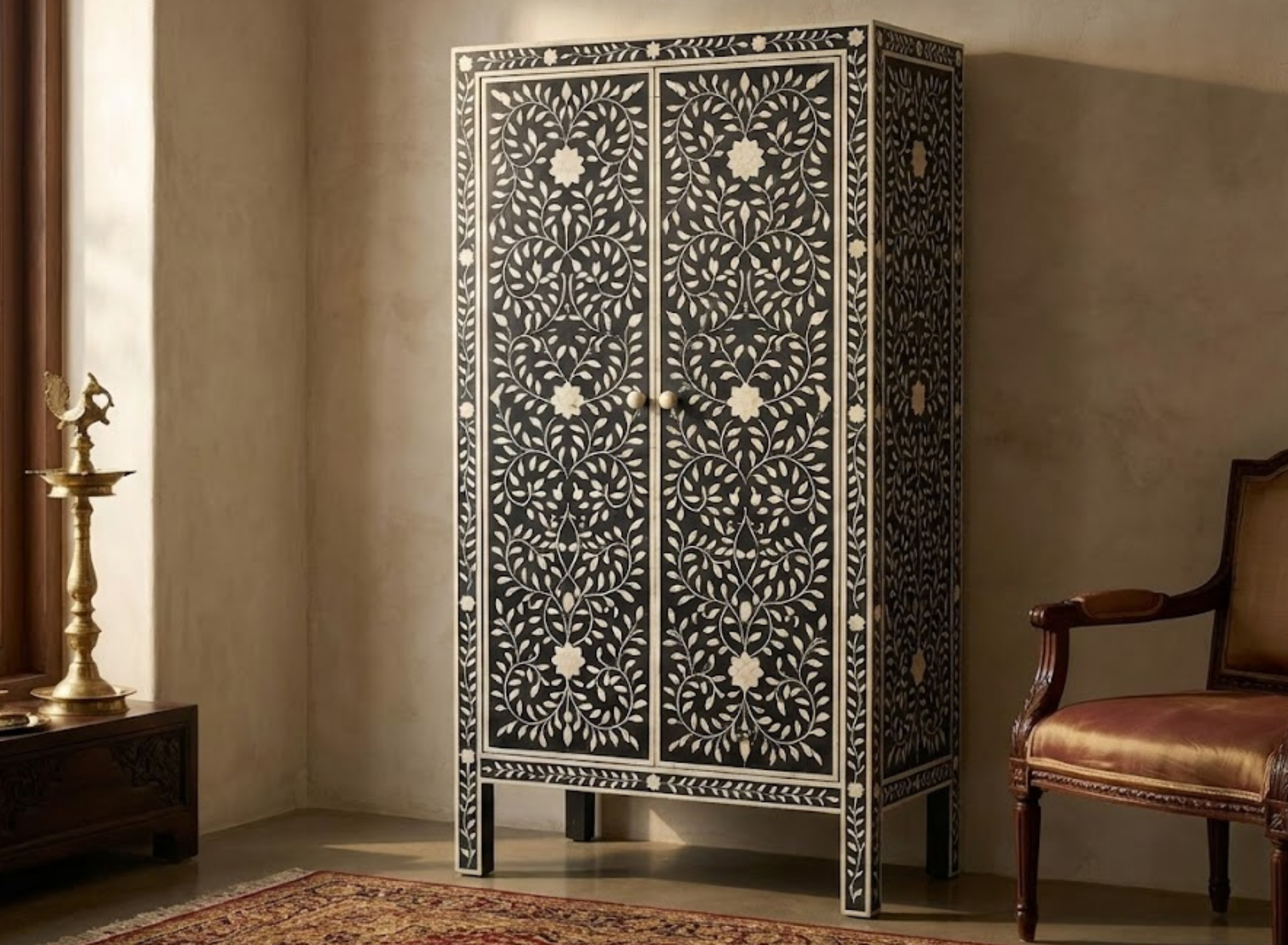 Handcrafted Bone Inlay & Resin Cabinet | Floral Storage Wardrobe | Luxury Furniture