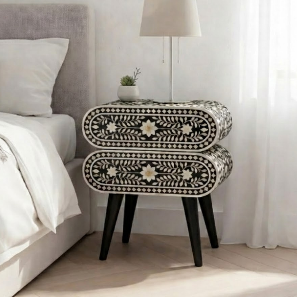 Handcrafted Bone Inlay and Resin Floral Nightstand | Modern Accent Table