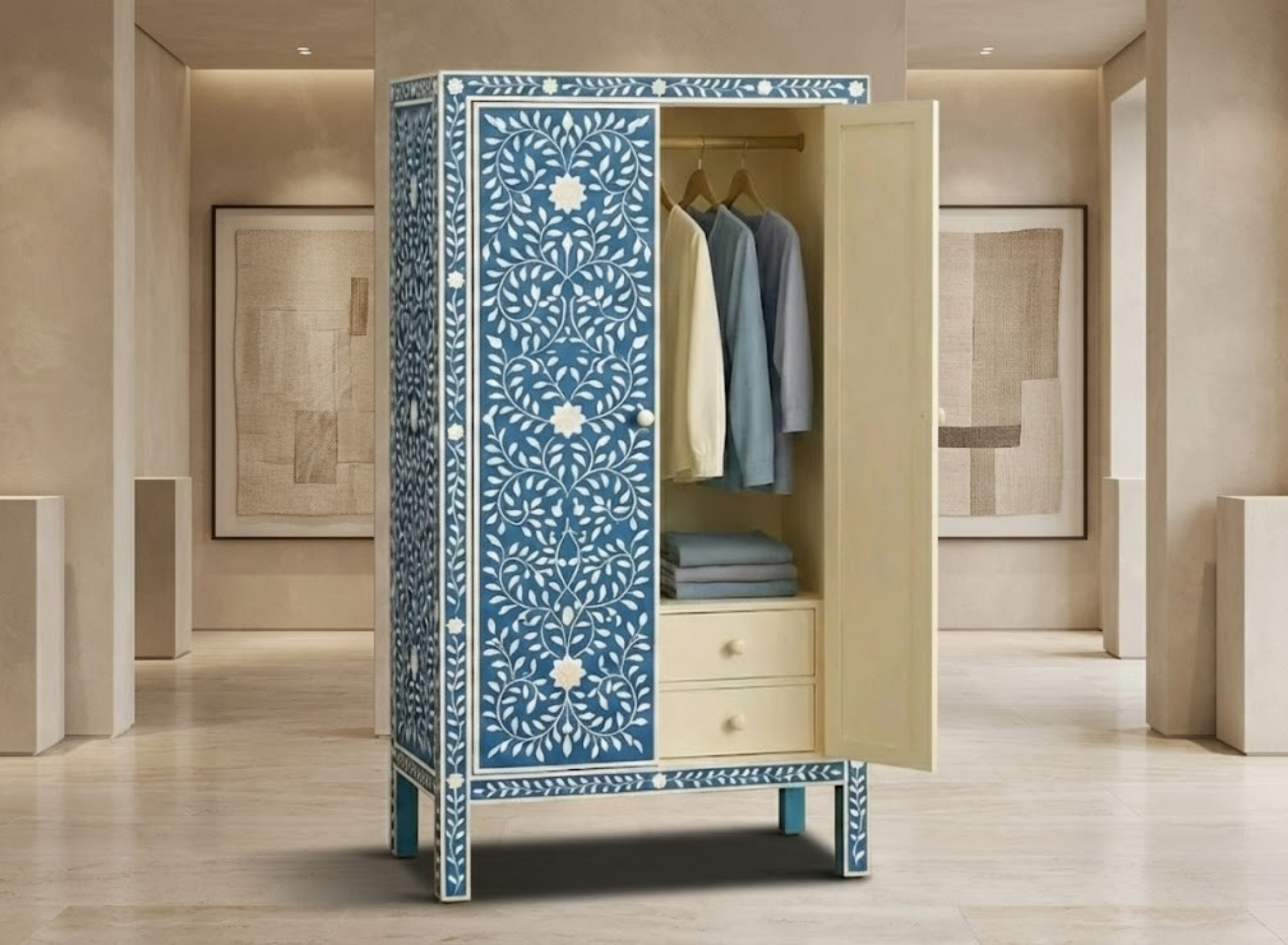 Handcrafted Bone Inlay & Resin Cabinet | Floral Storage Wardrobe | Luxury Furniture