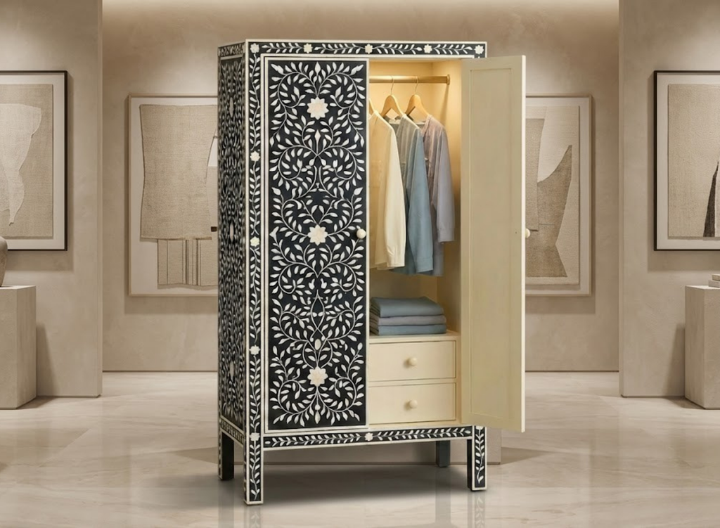 Handcrafted Bone Inlay & Resin Cabinet | Floral Storage Wardrobe | Luxury Furniture