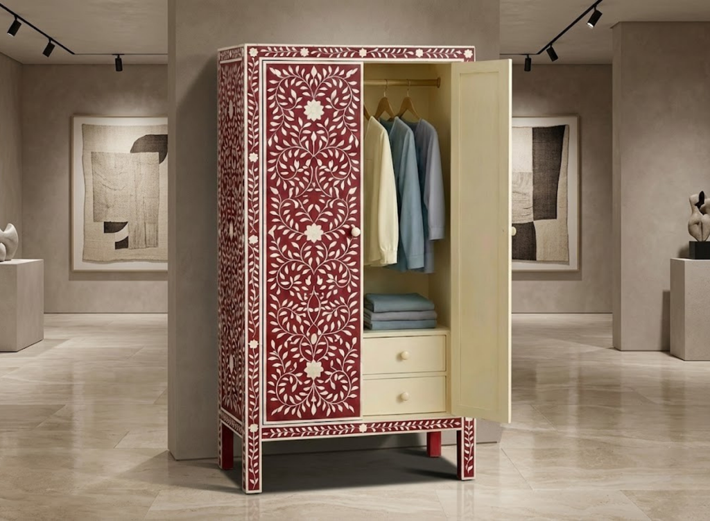 Handcrafted Bone Inlay & Resin Cabinet | Floral Storage Wardrobe | Luxury Furniture