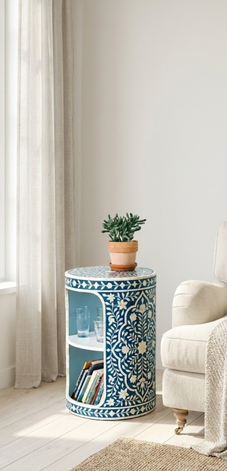 Handcrafted Bone Inlay & Resin End Table | Round Bedside Nightstand with Storage Shelf | Luxury Decor |