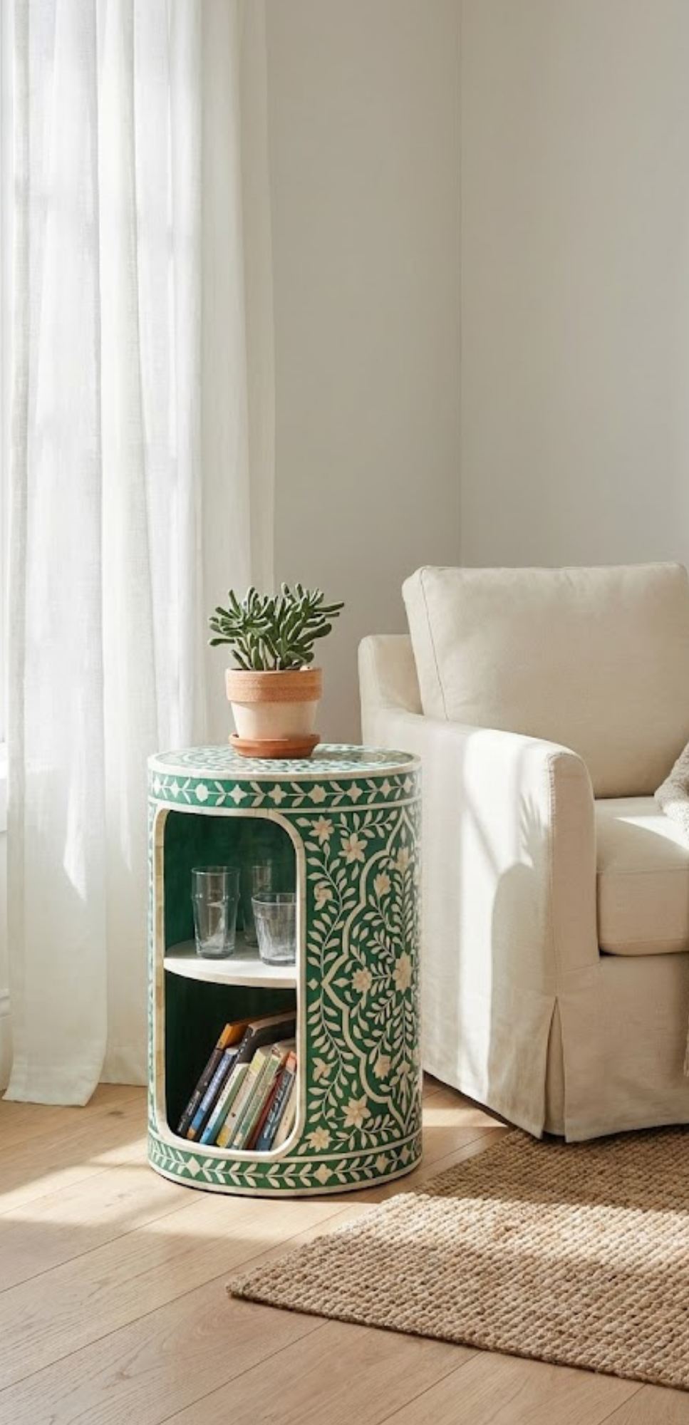 Handcrafted Bone Inlay & Resin End Table | Round Bedside Nightstand with Storage Shelf | Luxury Decor |