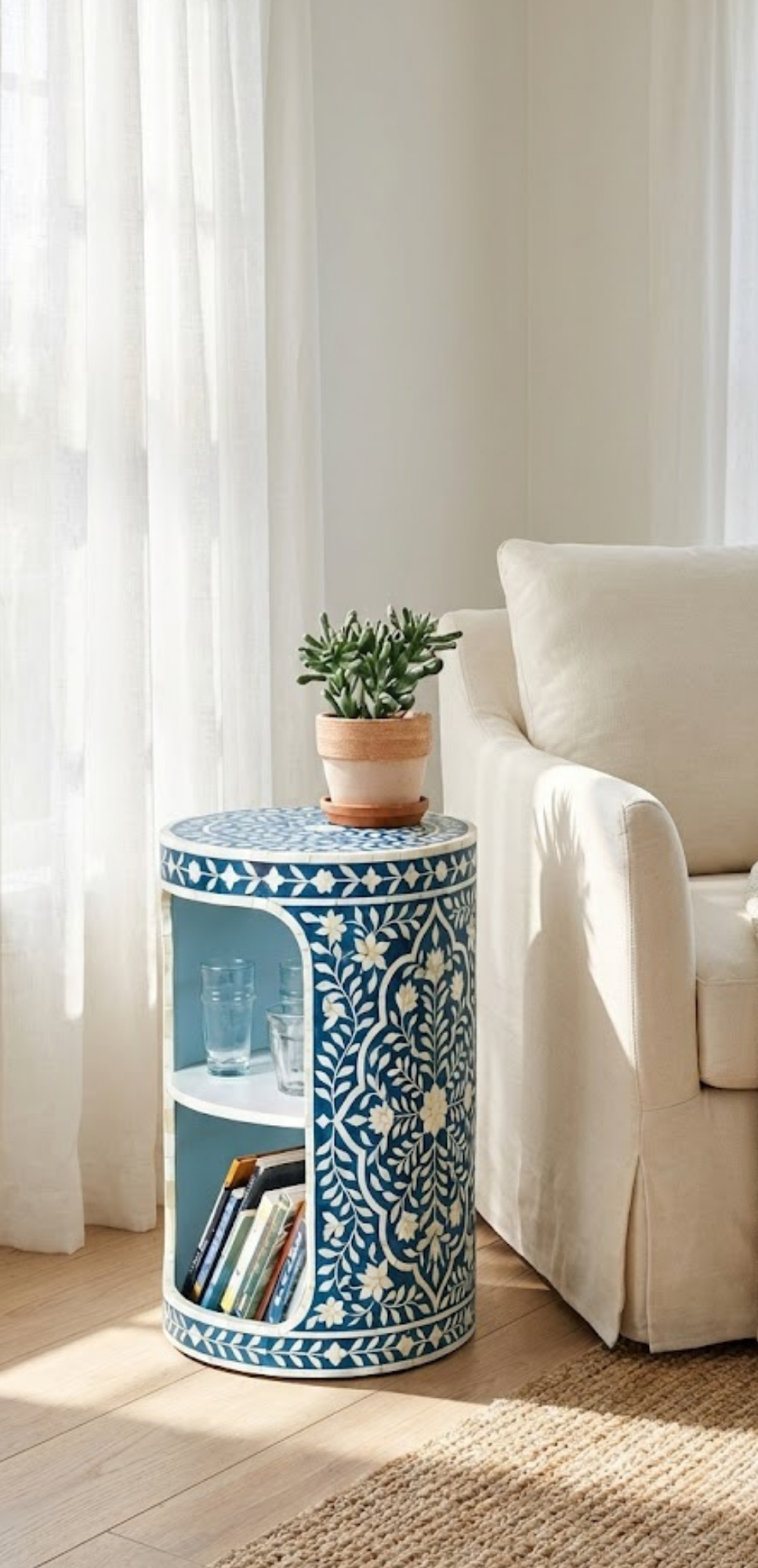 Handcrafted Bone Inlay & Resin End Table | Round Bedside Nightstand with Storage Shelf | Luxury Decor |