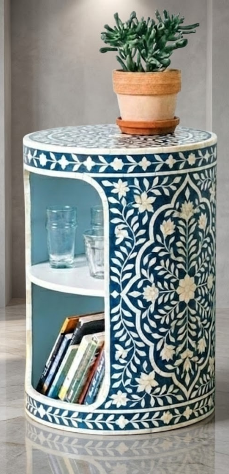 Handcrafted Bone Inlay & Resin End Table | Round Bedside Nightstand with Storage Shelf | Luxury Decor |