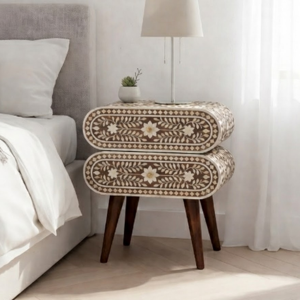 Handcrafted Bone Inlay and Resin Floral Nightstand | Modern Accent Table