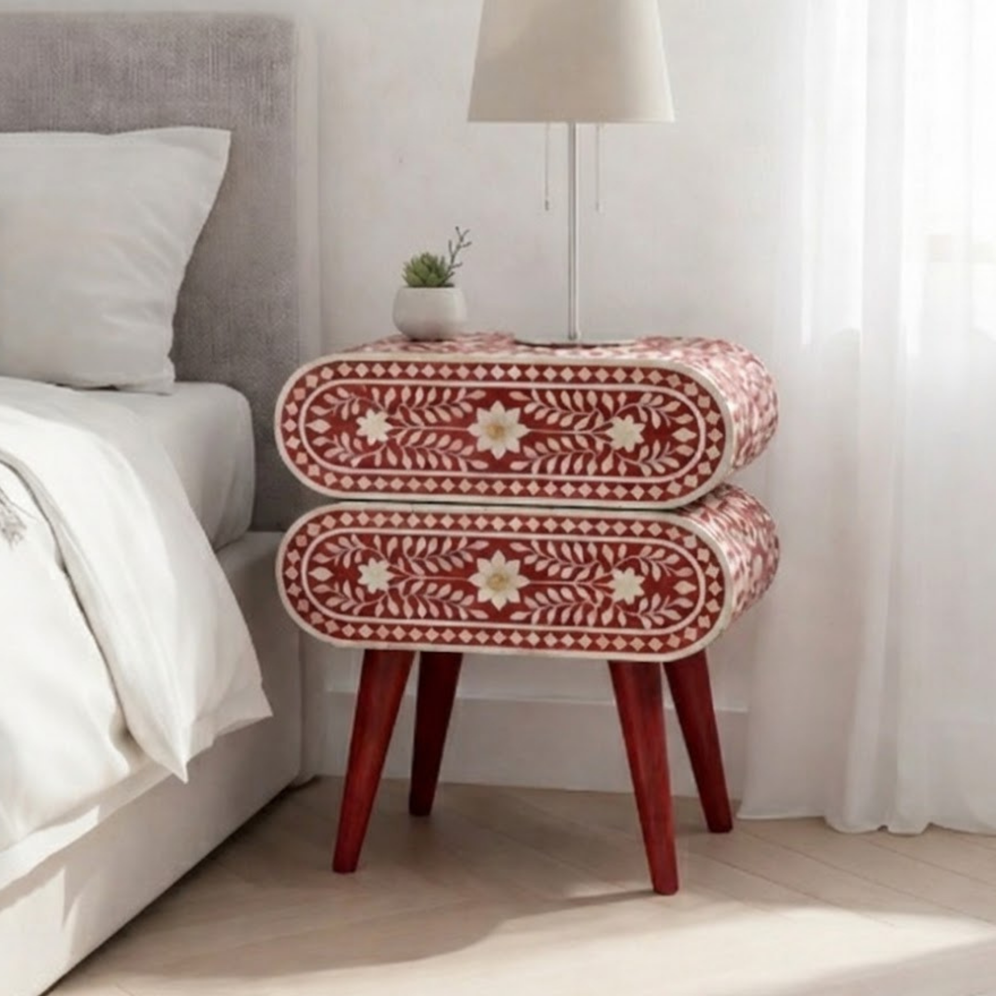 Handcrafted Bone Inlay and Resin Floral Nightstand | Modern Accent Table