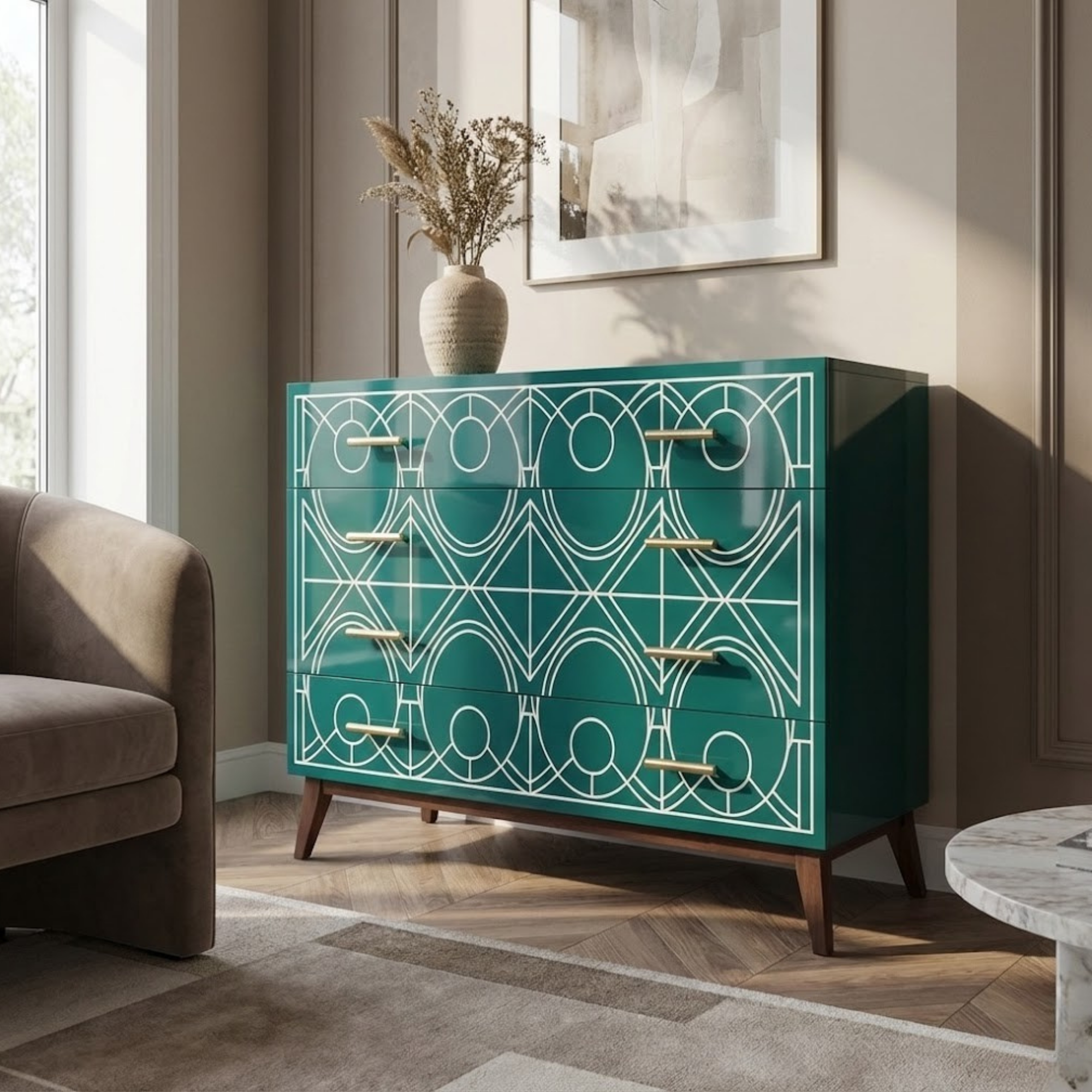 Handcrafted Bone Inlay & Resin Dresser | Luxury Chest of Drawers | Artisan Furniture | | Modern Luxury Decor