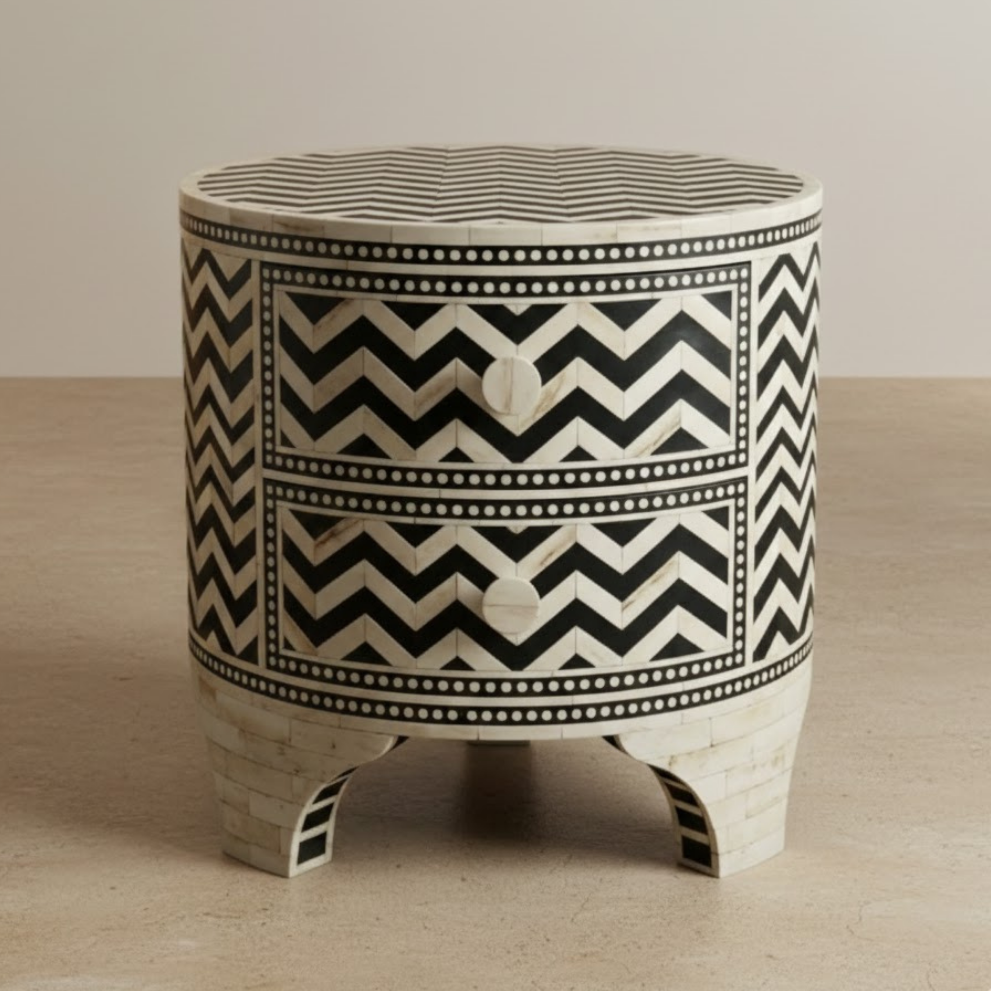 Black & White Bone Inlay End Table | Handmade Resin Bedside Table with Geometric Pattern