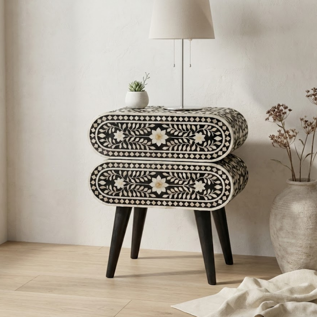 Handcrafted Bone Inlay and Resin Floral Nightstand | Modern Accent Table