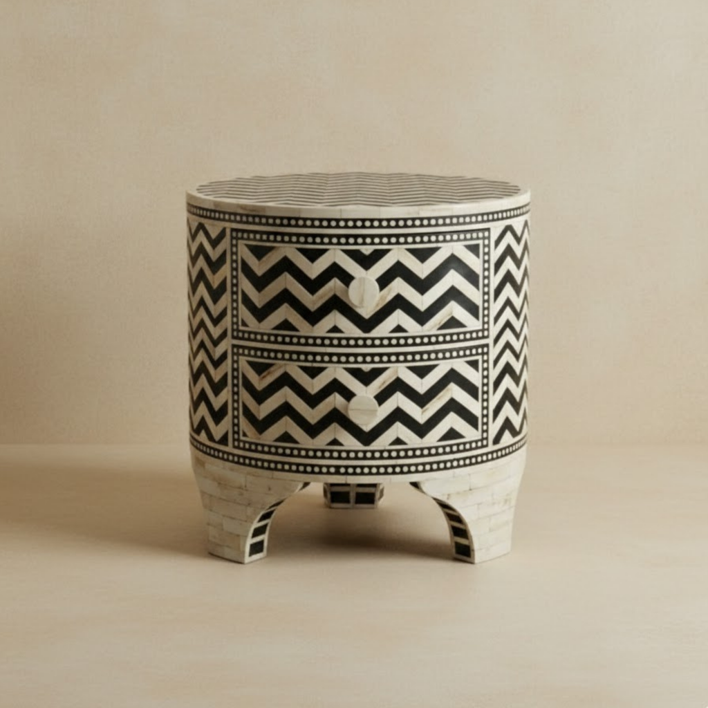 Black & White Bone Inlay End Table | Handmade Resin Bedside Table with Geometric Pattern