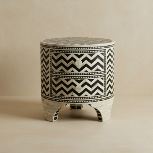 Black & White Bone Inlay End Table | Handmade Resin Bedside Table with Geometric Pattern