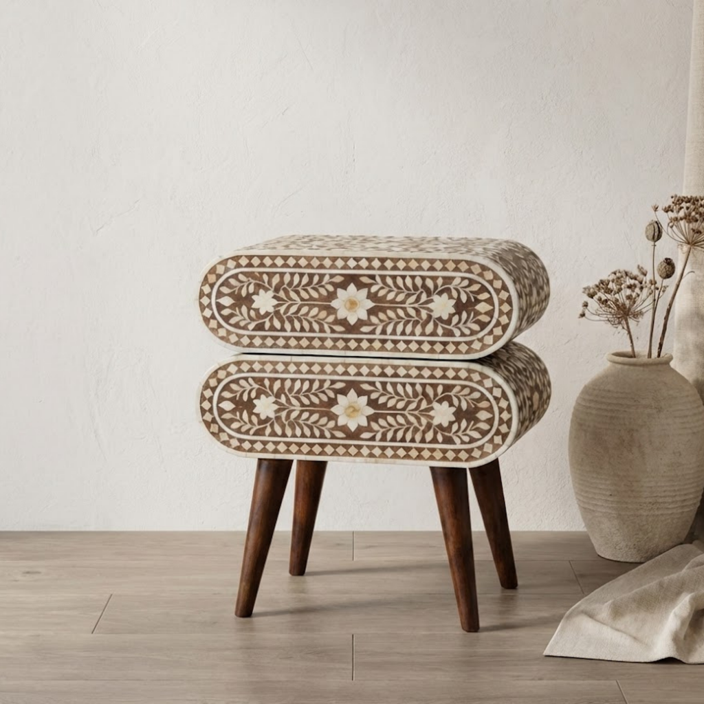 Handcrafted Bone Inlay and Resin Floral Nightstand | Modern Accent Table