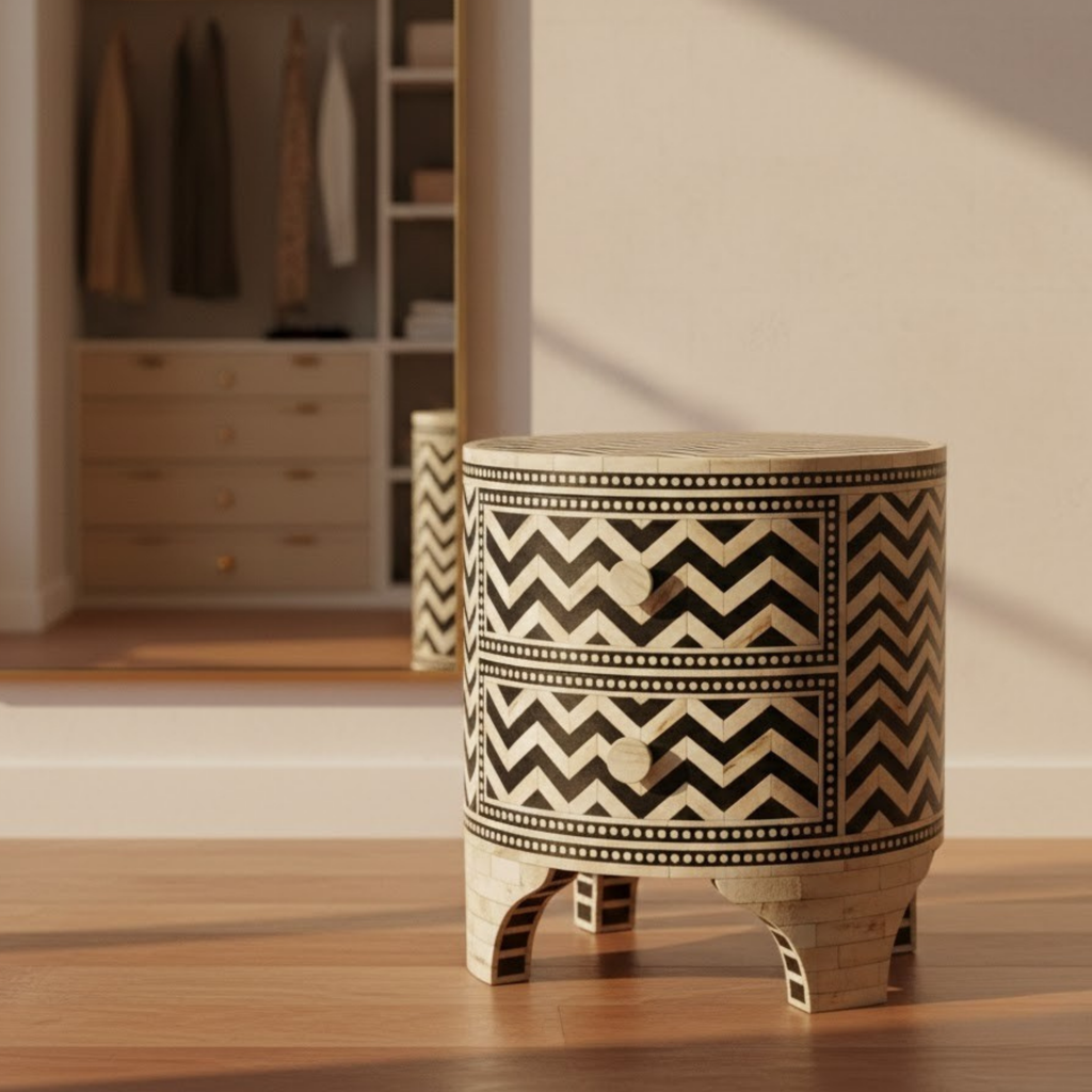 Black & White Bone Inlay End Table | Handmade Resin Bedside Table with Geometric Pattern