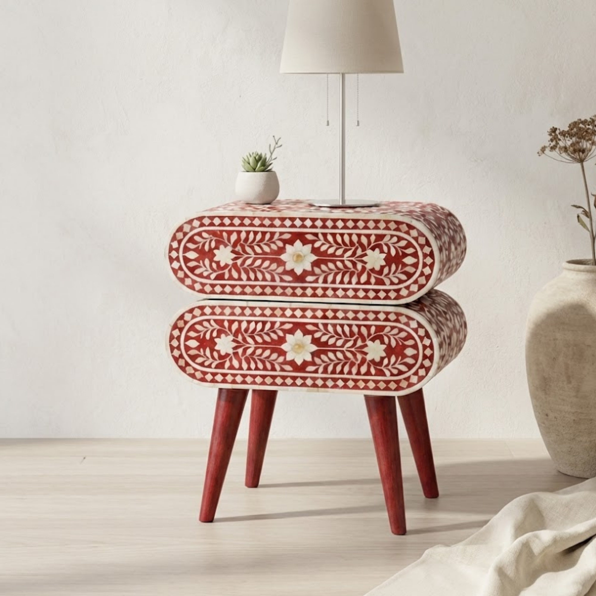 Handcrafted Bone Inlay and Resin Floral Nightstand | Modern Accent Table