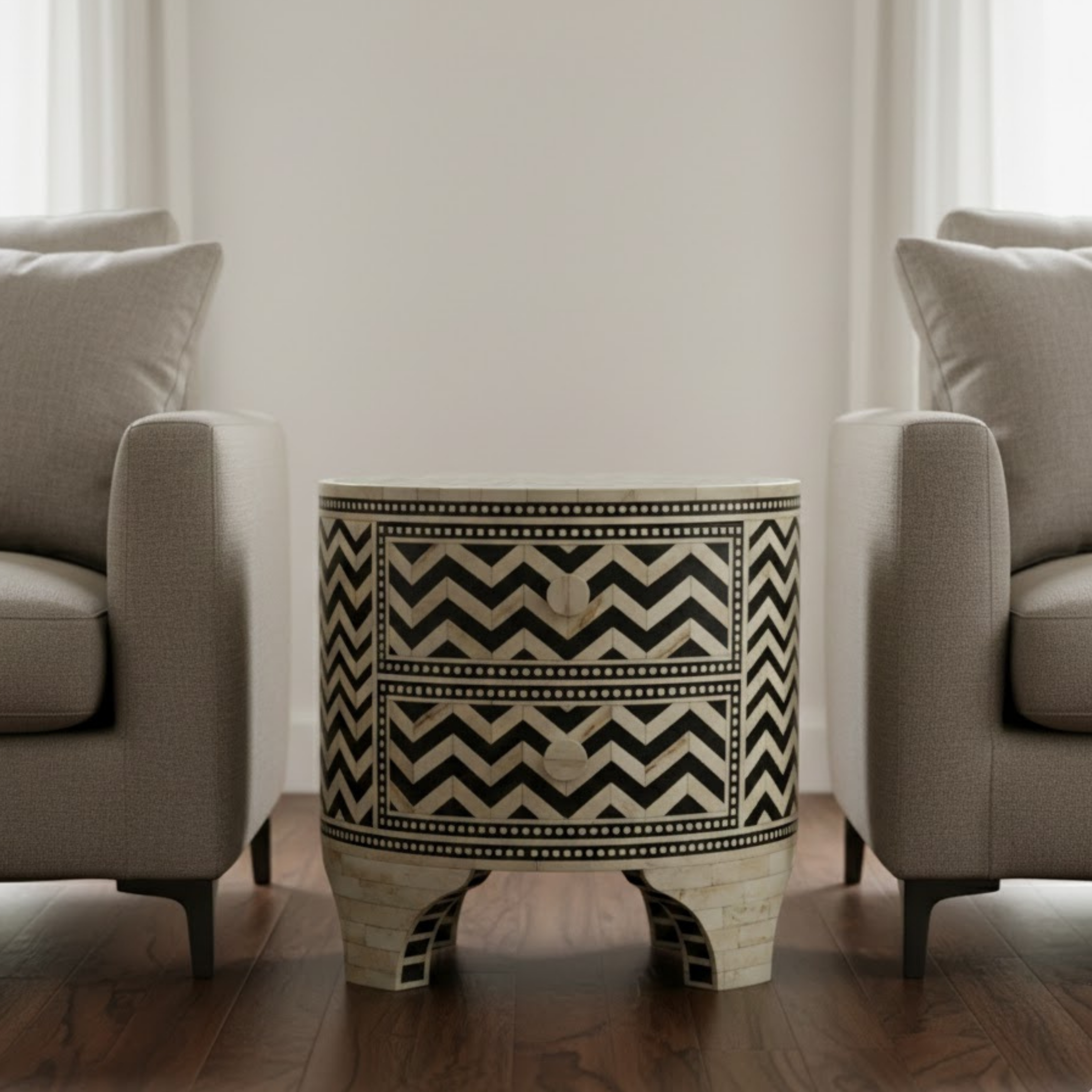 Black & White Bone Inlay End Table | Handmade Resin Bedside Table with Geometric Pattern