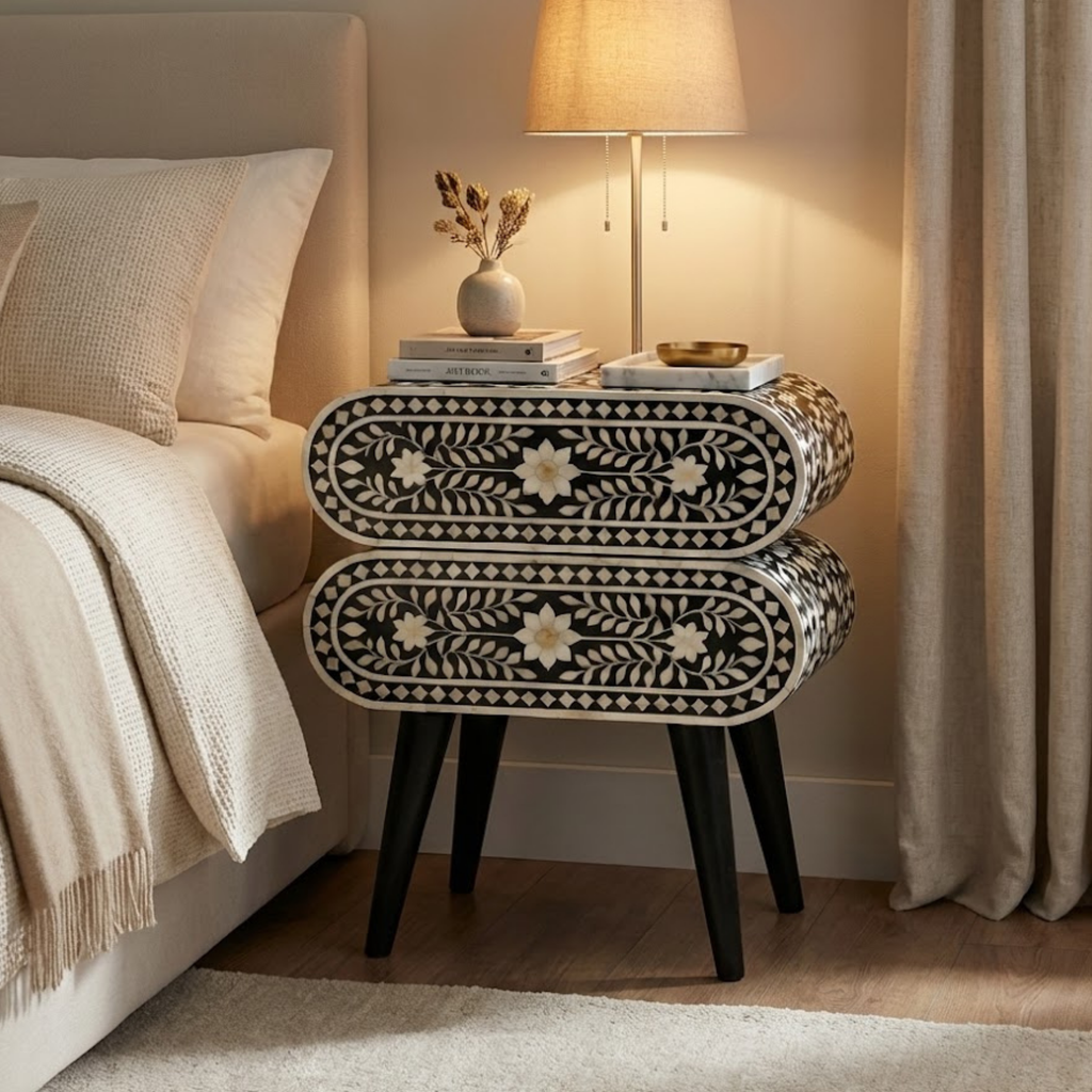 Handcrafted Bone Inlay and Resin Floral Nightstand | Modern Accent Table