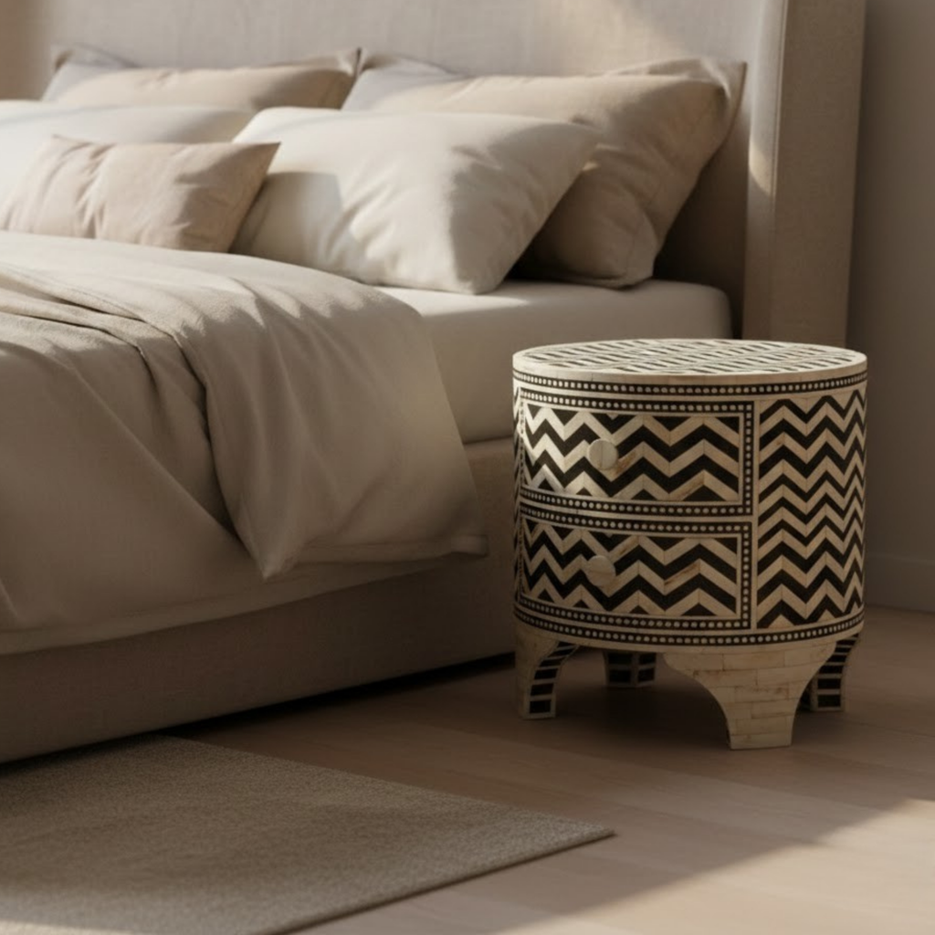 Black & White Bone Inlay End Table | Handmade Resin Bedside Table with Geometric Pattern