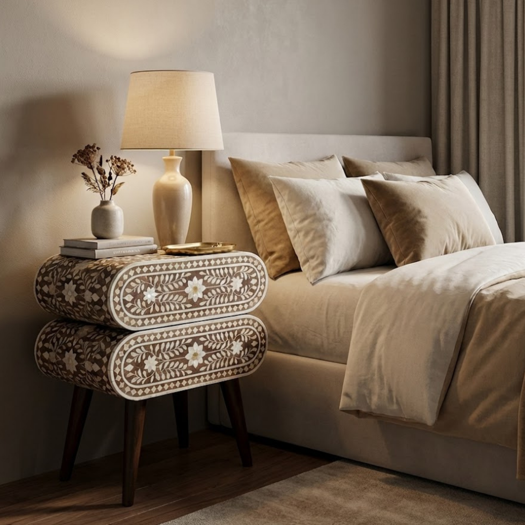 Handcrafted Bone Inlay and Resin Floral Nightstand | Modern Accent Table