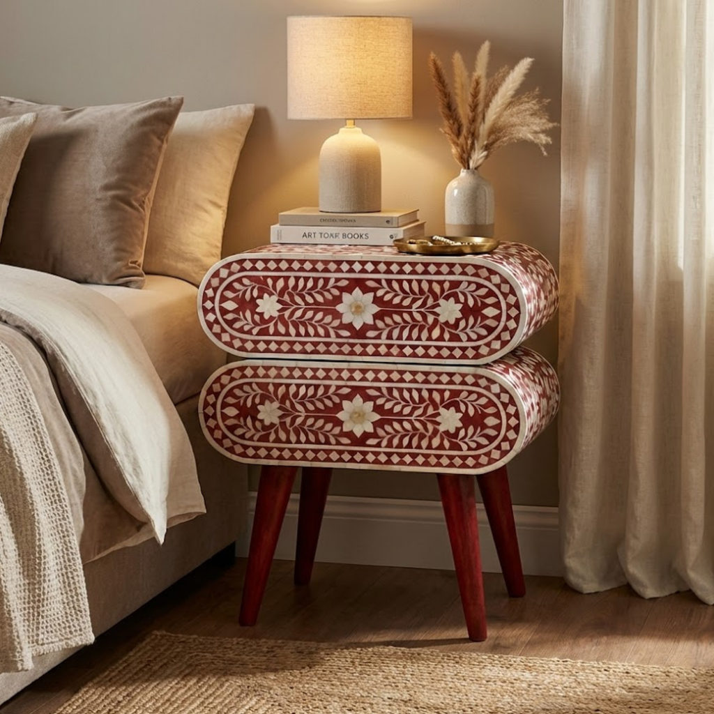 Handcrafted Bone Inlay and Resin Floral Nightstand | Modern Accent Table