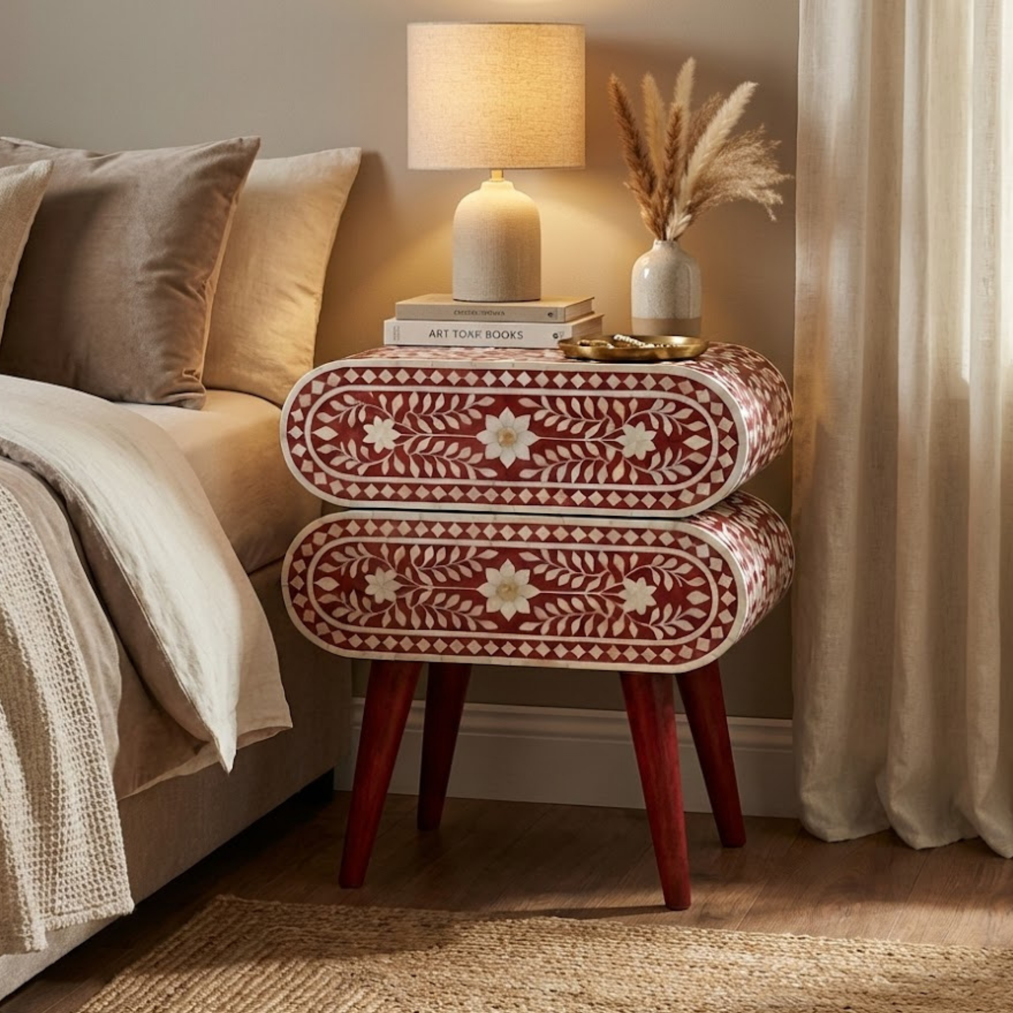 Handcrafted Bone Inlay and Resin Floral Nightstand | Modern Accent Table