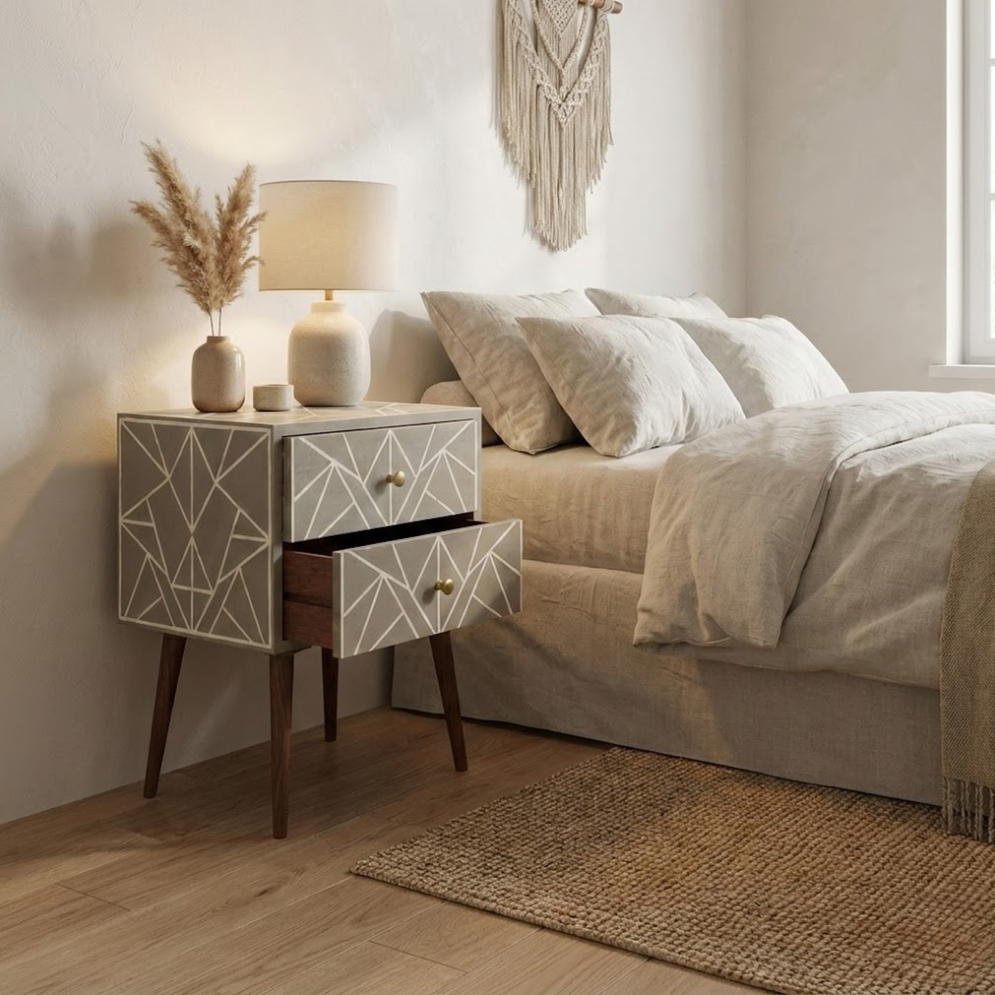 Handcrafted Bone Inlay & Resin End Table | Luxury Bedside Side Table | Artisan Furniture | Handmade Nightstand