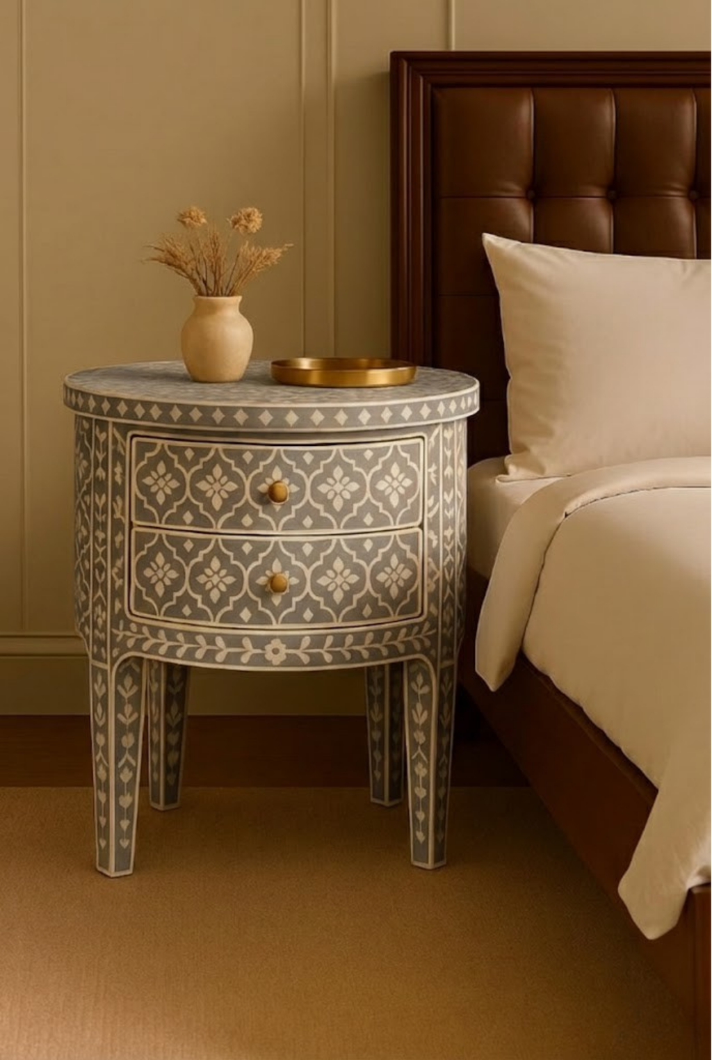 Handcrafted Bone Inlay Nightstand: Terracotta Floral Resin End Table