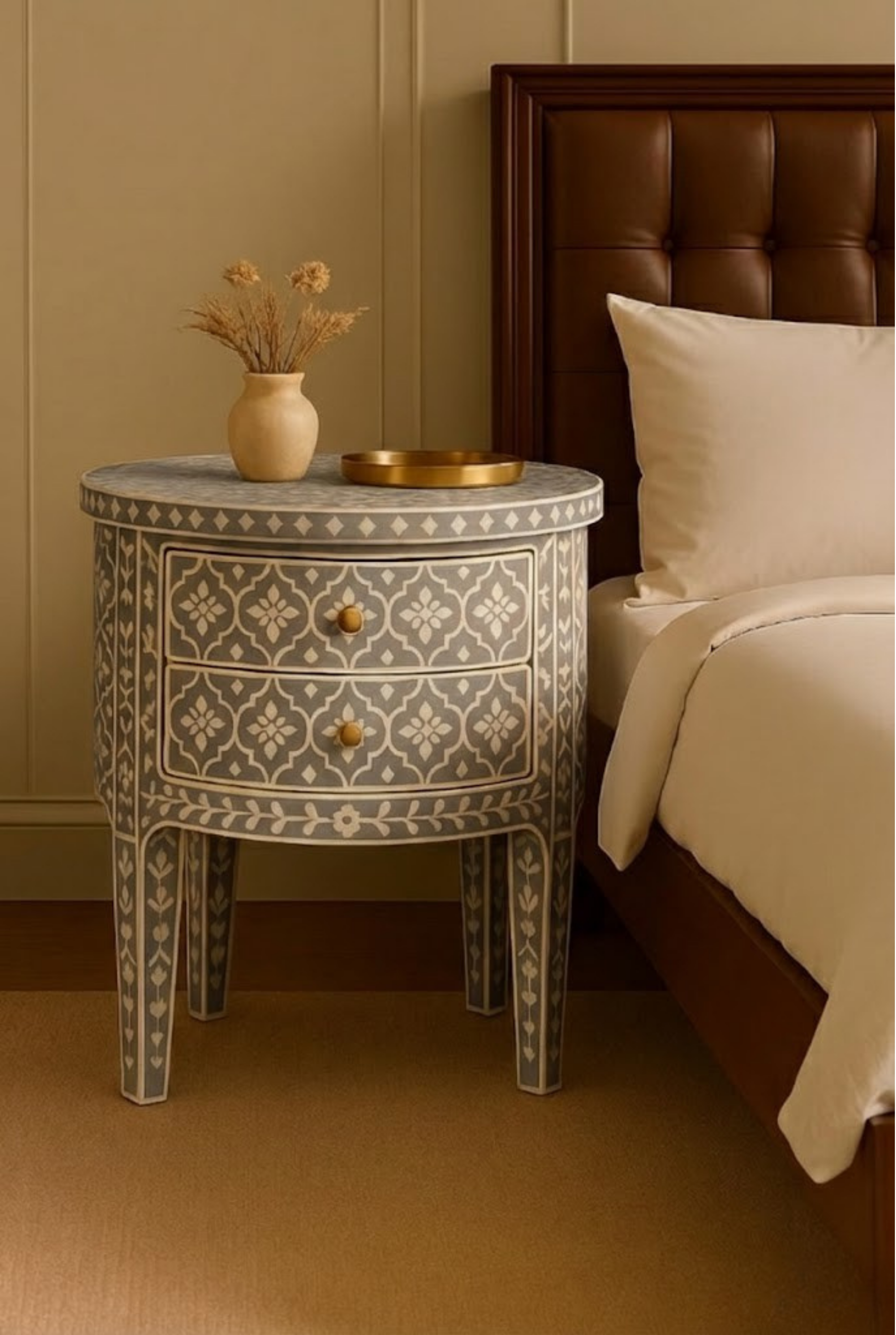 Handcrafted Bone Inlay Nightstand: Terracotta Floral Resin End Table