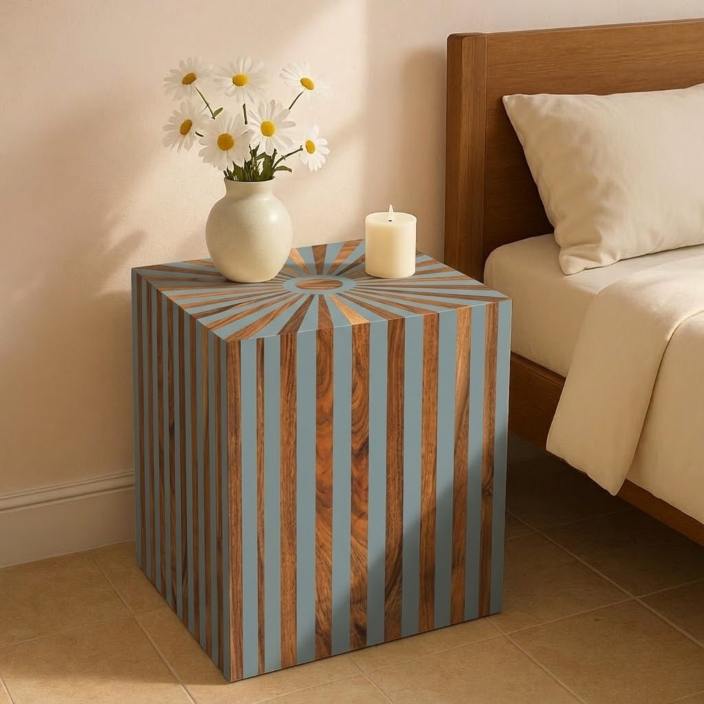 Moroccan Walnut Resin Inlay End Table | Handmade Bedside Table | Luxury Decor