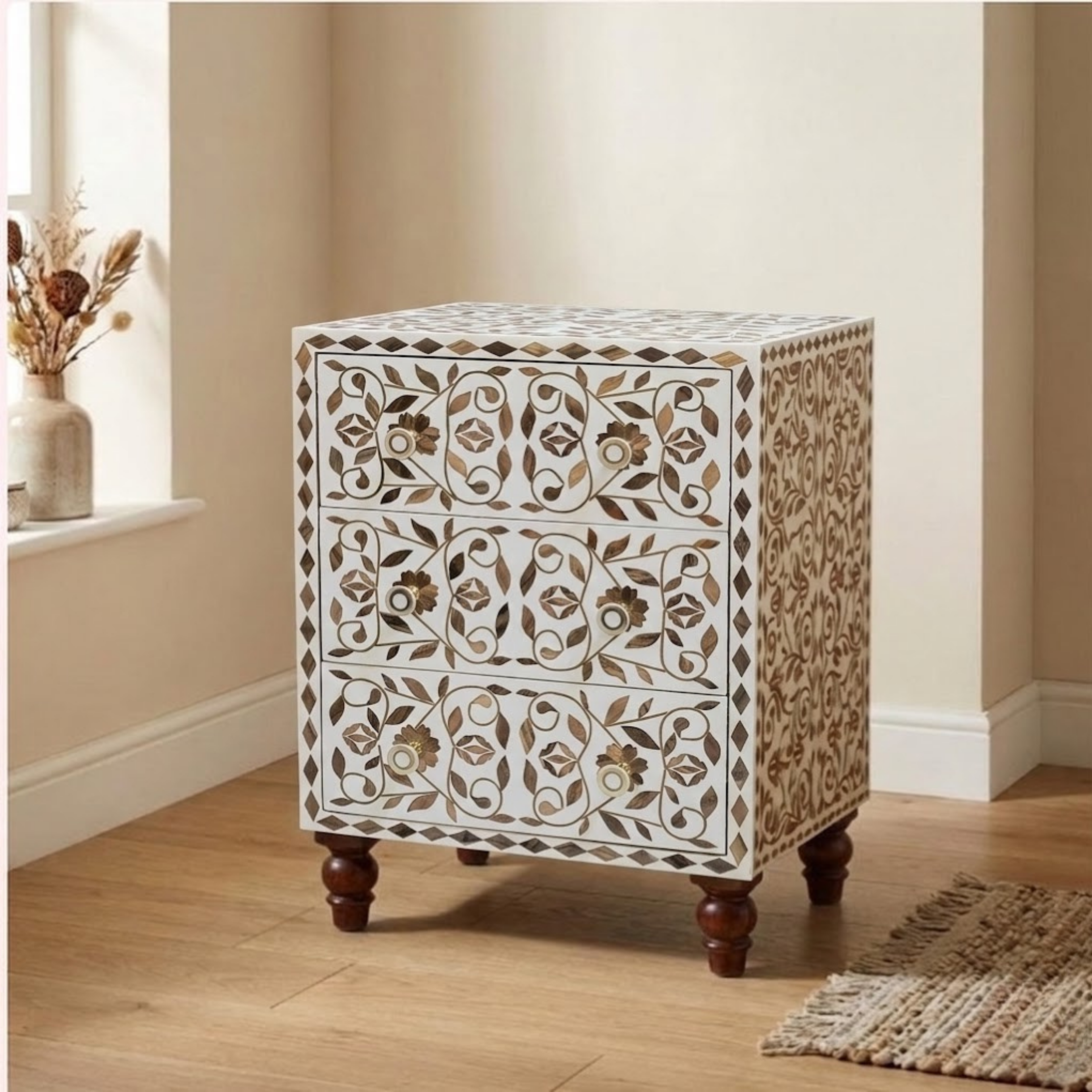 Handmade Wooden Inlay Resin End Table | Floral Pattern Bedside Table | Luxury Accent Furniture | Wood Inlay Resin Nightstand