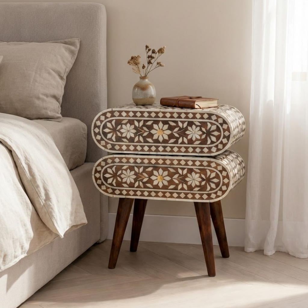 Handcrafted Bone Inlay and Resin Floral Nightstand | Modern Accent Table