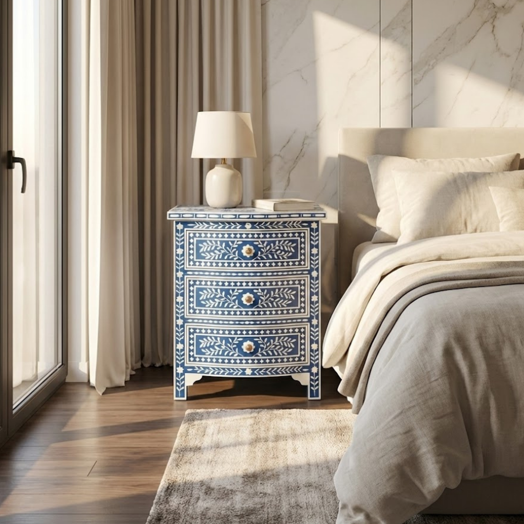 Blue Bone Inlay End Table | Handmade Resin Bedside Table | Luxury Bedroom Furniture
