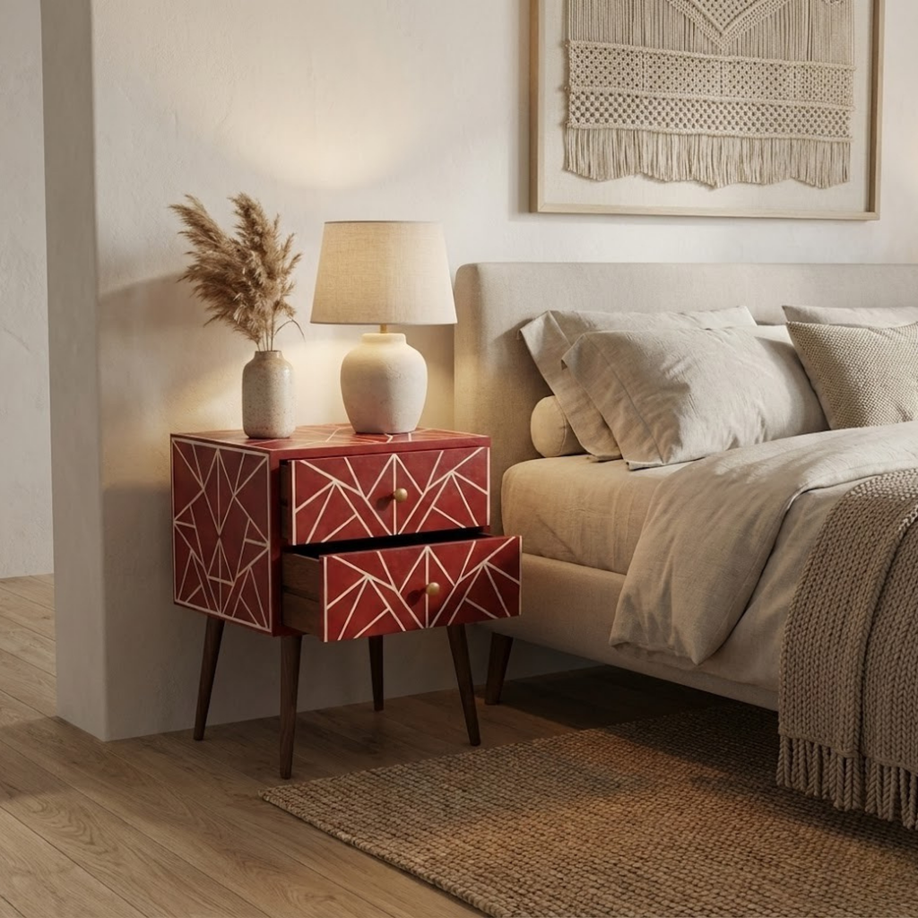 Handcrafted Bone Inlay & Resin End Table | Luxury Bedside Side Table | Artisan Furniture | Handmade Nightstand