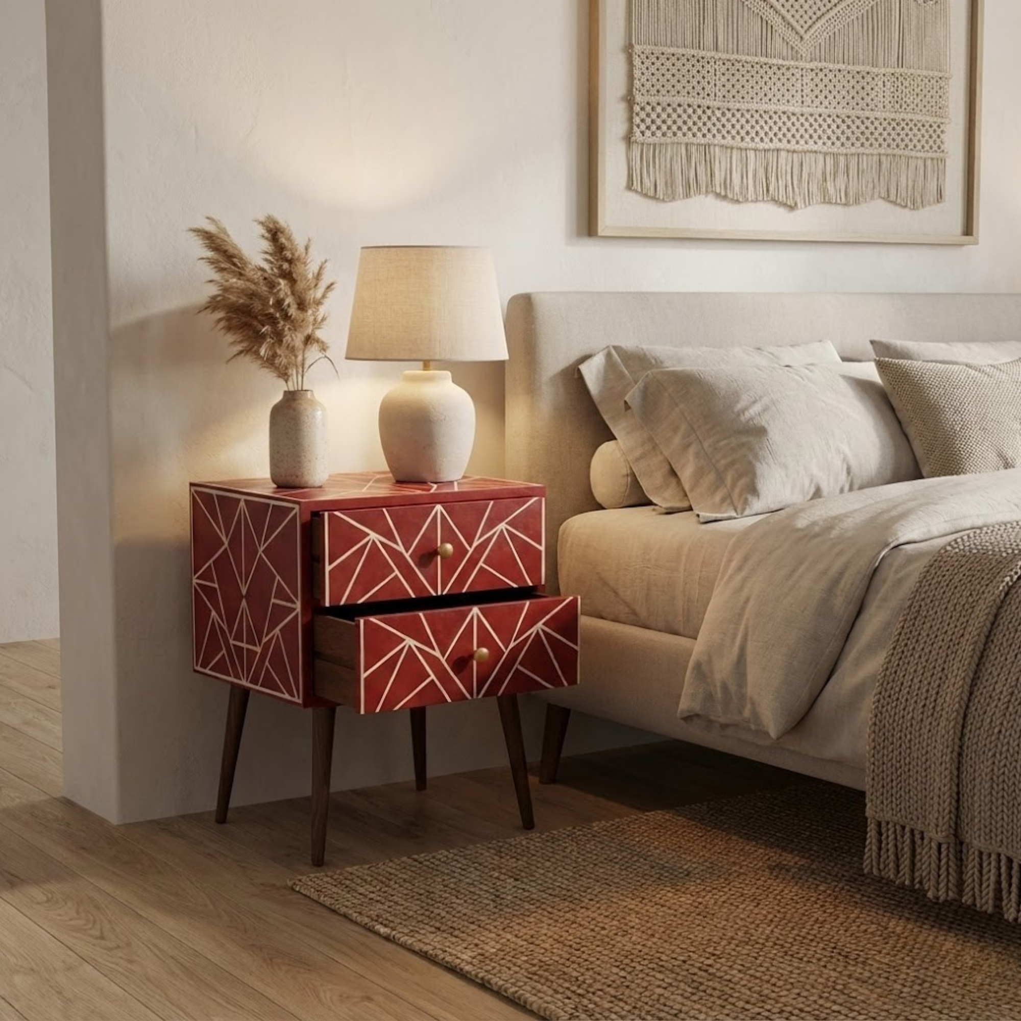 Handcrafted Bone Inlay & Resin End Table | Luxury Bedside Side Table | Artisan Furniture | Handmade Nightstand