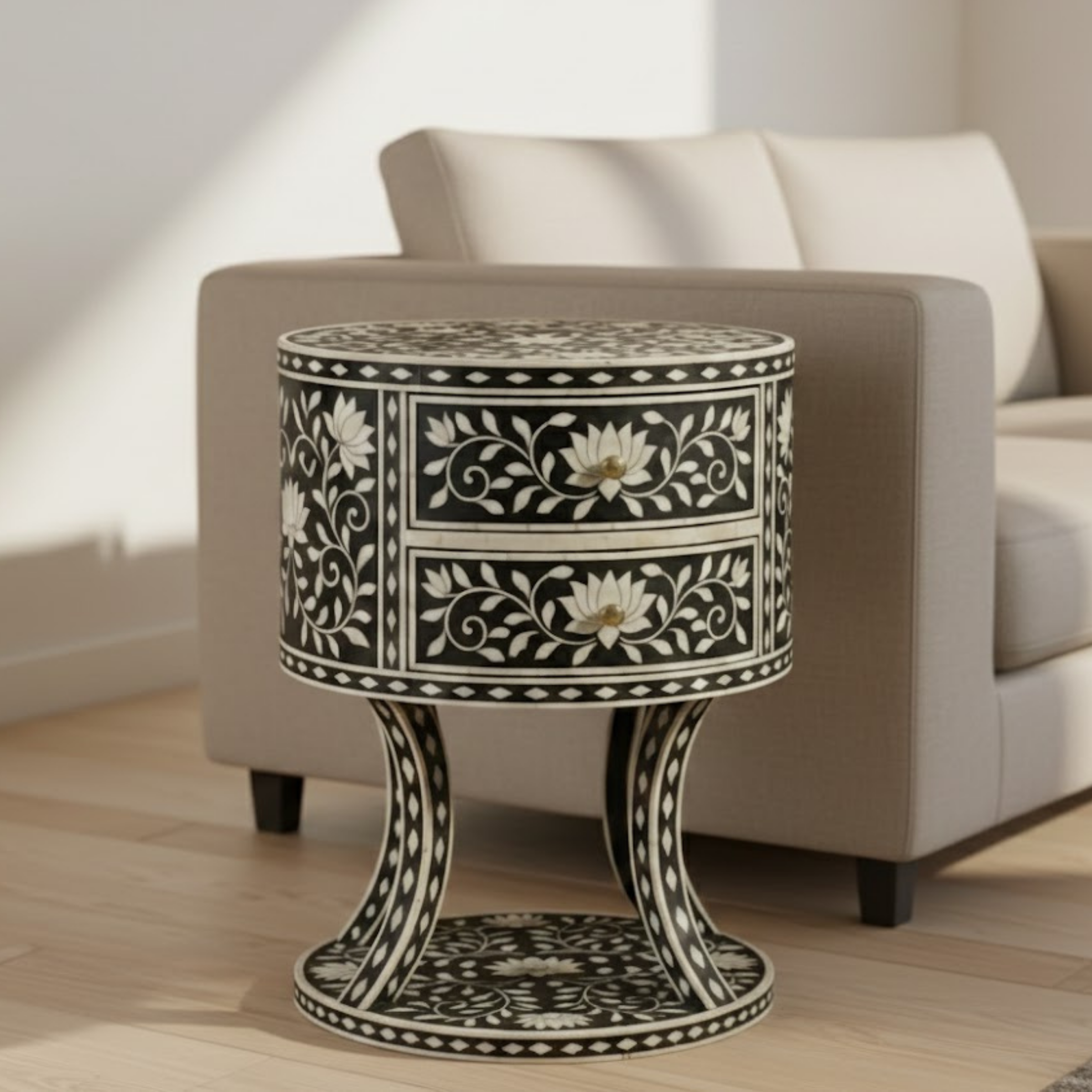 Black Bone Inlay End Table | Handmade Resin Side Table | Luxury Home Decor Furniture
