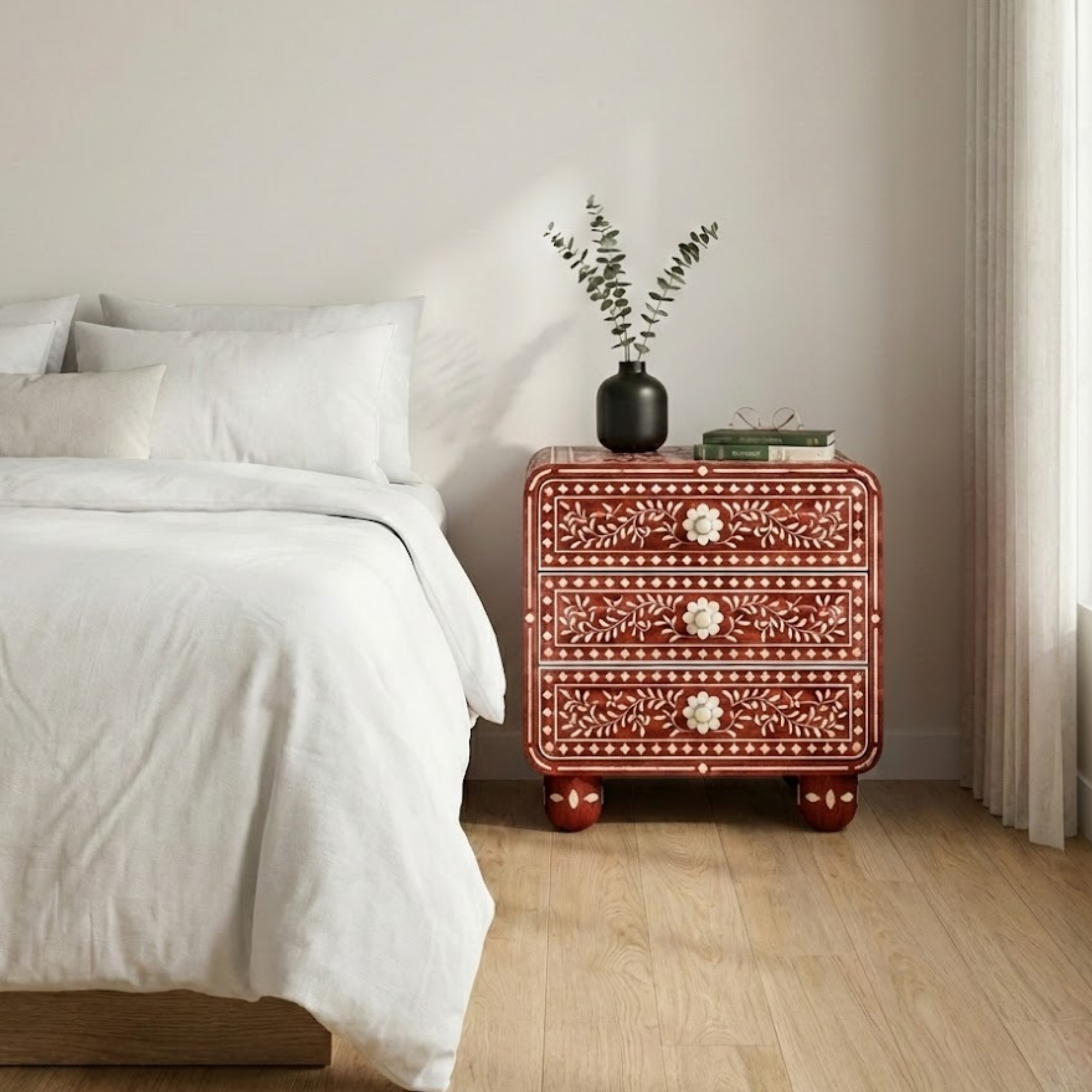 Handcrafted Bone Inlay & Resin End Table | Floral Bedside Nightstand | Luxury Home Decor