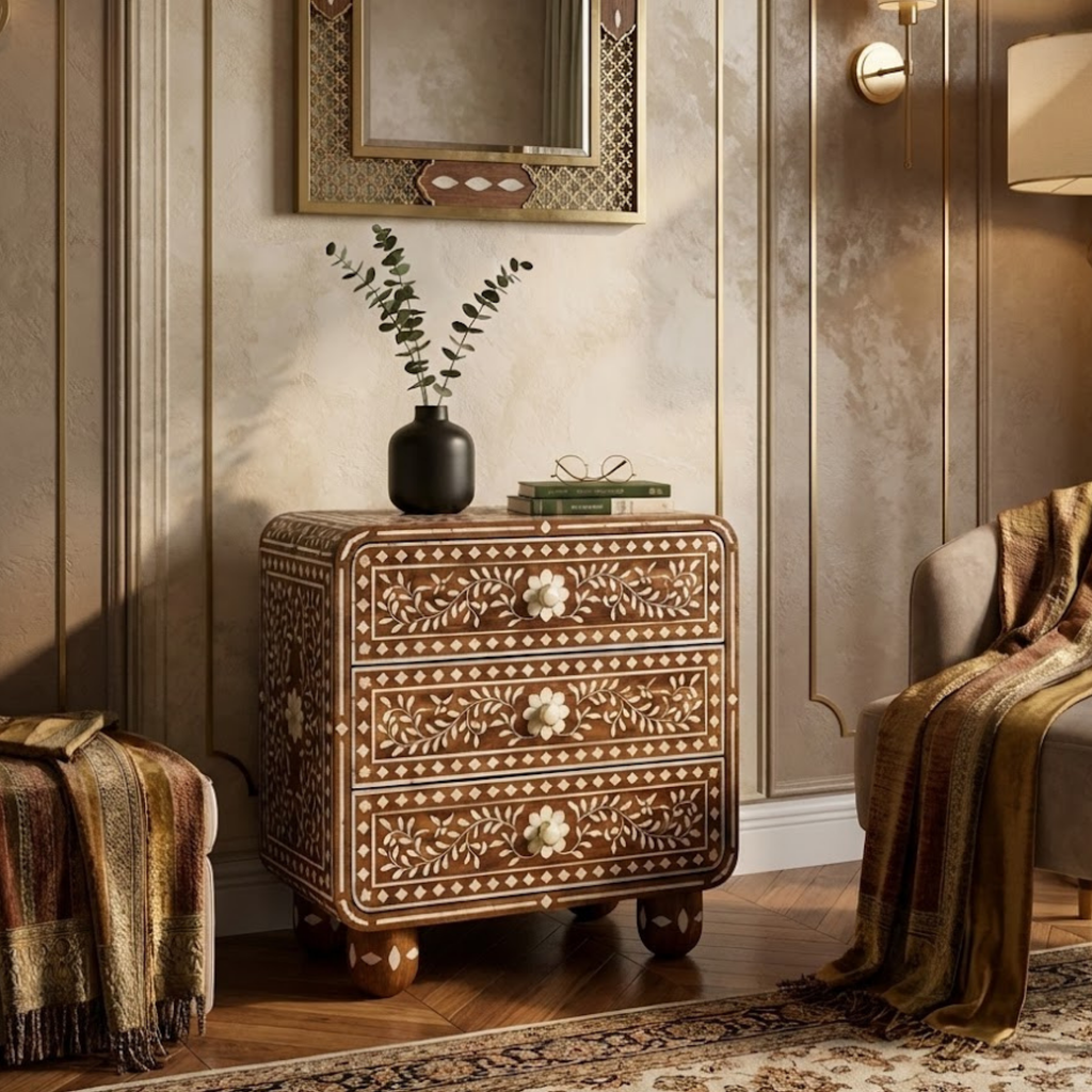 Handcrafted Bone Inlay & Resin End Table | Floral Bedside Nightstand | Luxury Home Decor
