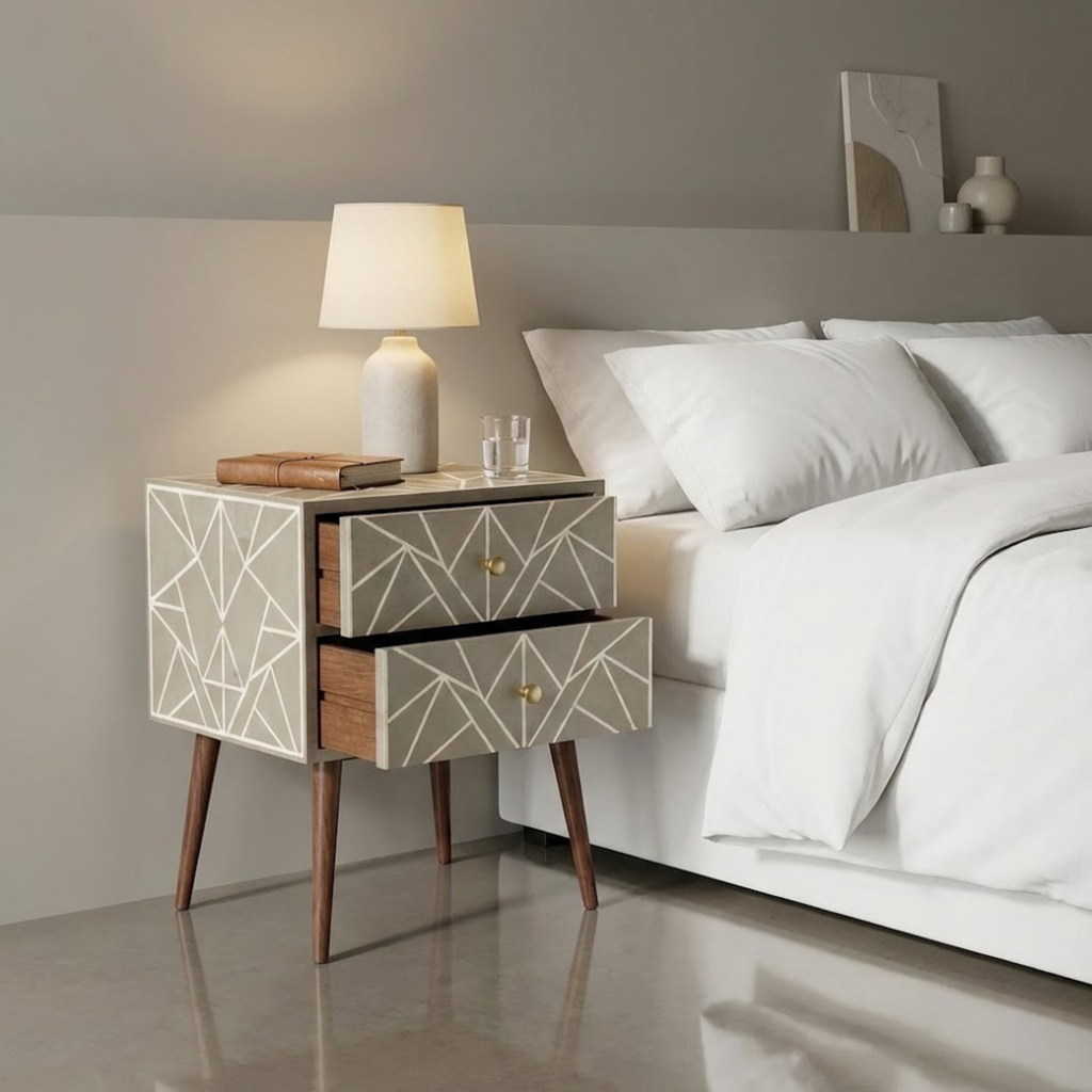 Handcrafted Bone Inlay & Resin End Table | Luxury Bedside Side Table | Artisan Furniture | Handmade Nightstand