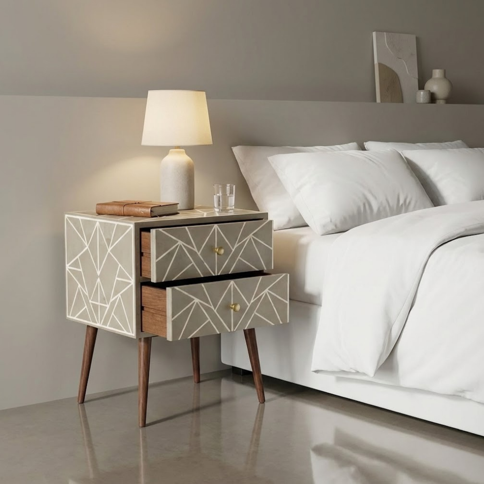 Handcrafted Bone Inlay & Resin End Table | Luxury Bedside Side Table | Artisan Furniture | Handmade Nightstand