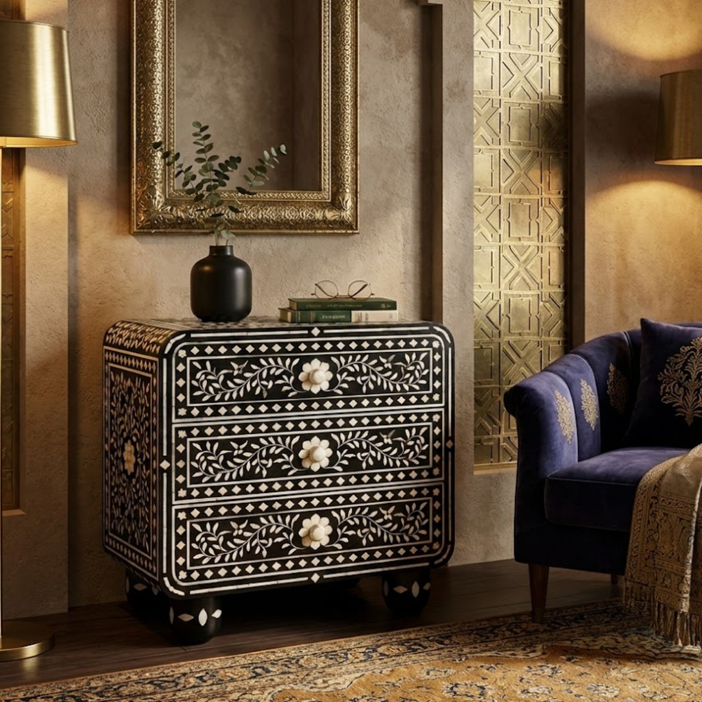 Handcrafted Bone Inlay & Resin End Table | Floral Bedside Nightstand | Luxury Home Decor