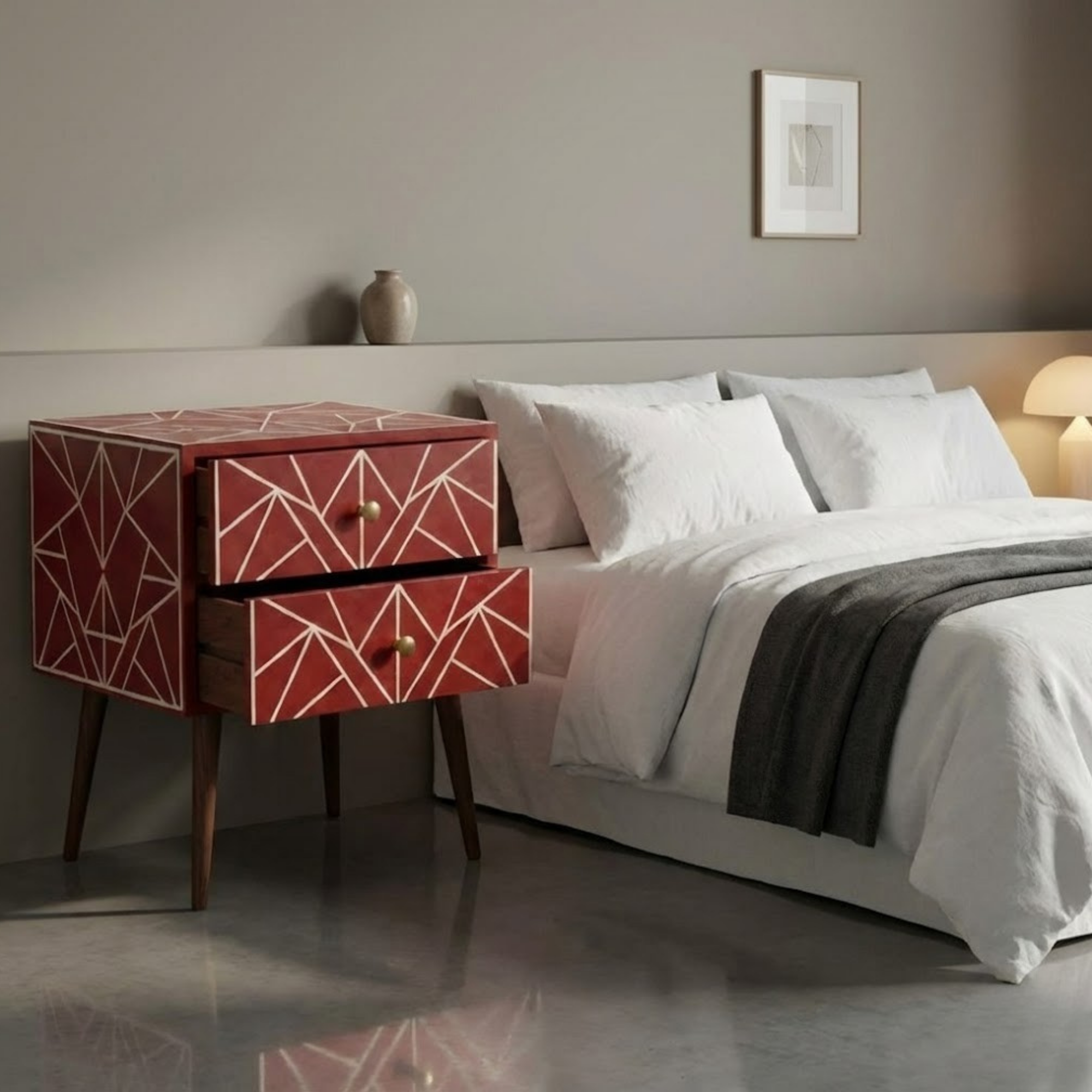 Handcrafted Bone Inlay & Resin End Table | Luxury Bedside Side Table | Artisan Furniture | Handmade Nightstand